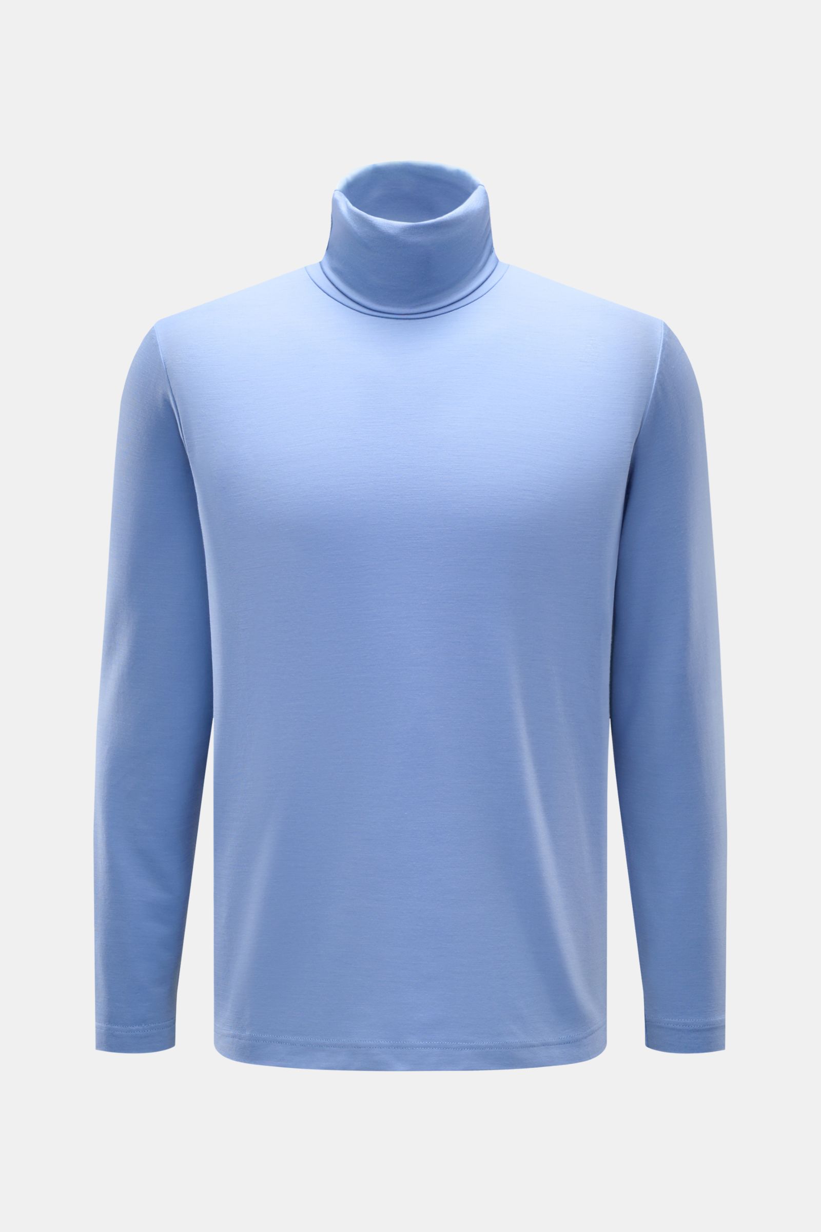 04651/ A trip in a bag Merino Rollkragenpullover blau, Slim Fit, feiner Jersey aus reiner Merinowolle, elastisch und weich, Frontansicht.