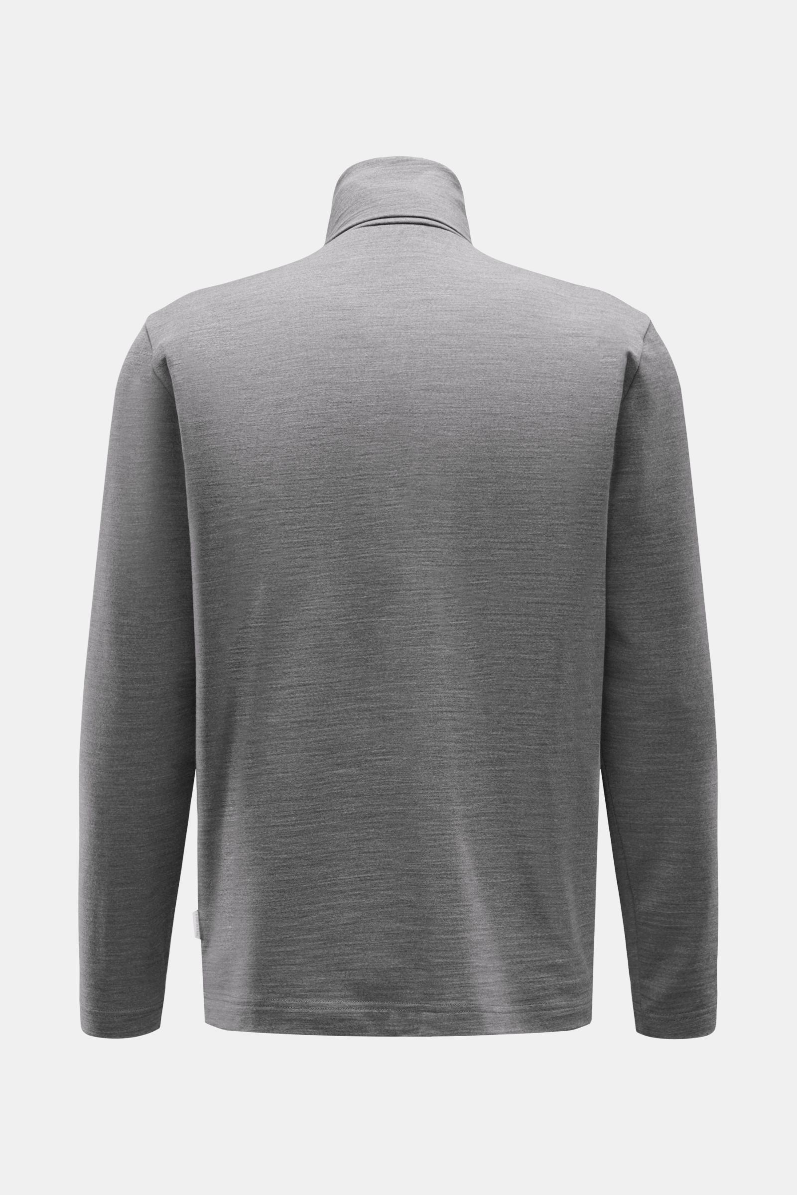 Rückansicht des 04651/ A trip in a bag Merino Rollkragenpullovers grau meliert aus reiner Merinowolle, Slim Fit, weicher Griff, feines Strickbild, elastisch, anliegender Rollkragen. Inspiriert von Olympischen Winterspielen, perfekt für Layering.