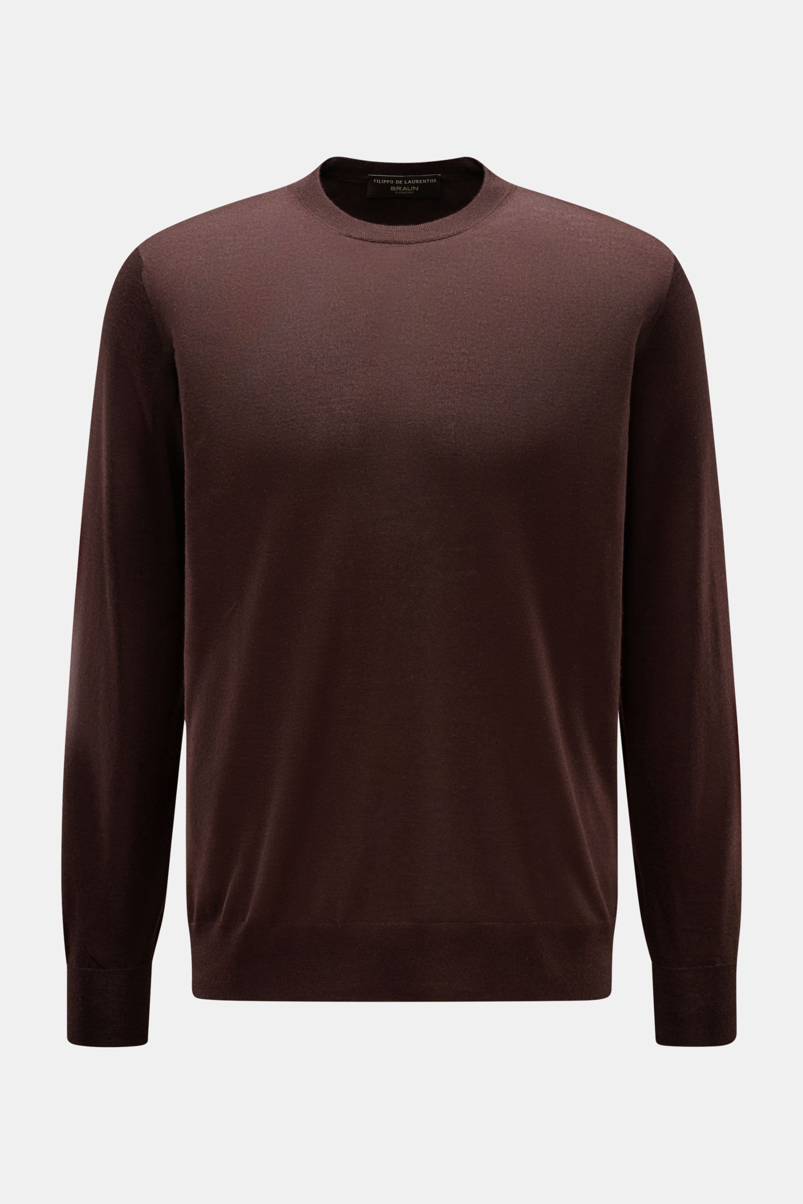 Front view of Filippo de Laurentiis Crew neck jumper dark brown, a slim fit, fine knit jumper made from a silk-cashmere blend with a very soft feel, crew neck, and comfortable ribbed bands. Summery knitwear: With this jumper in a fine silk-cashmere blend,