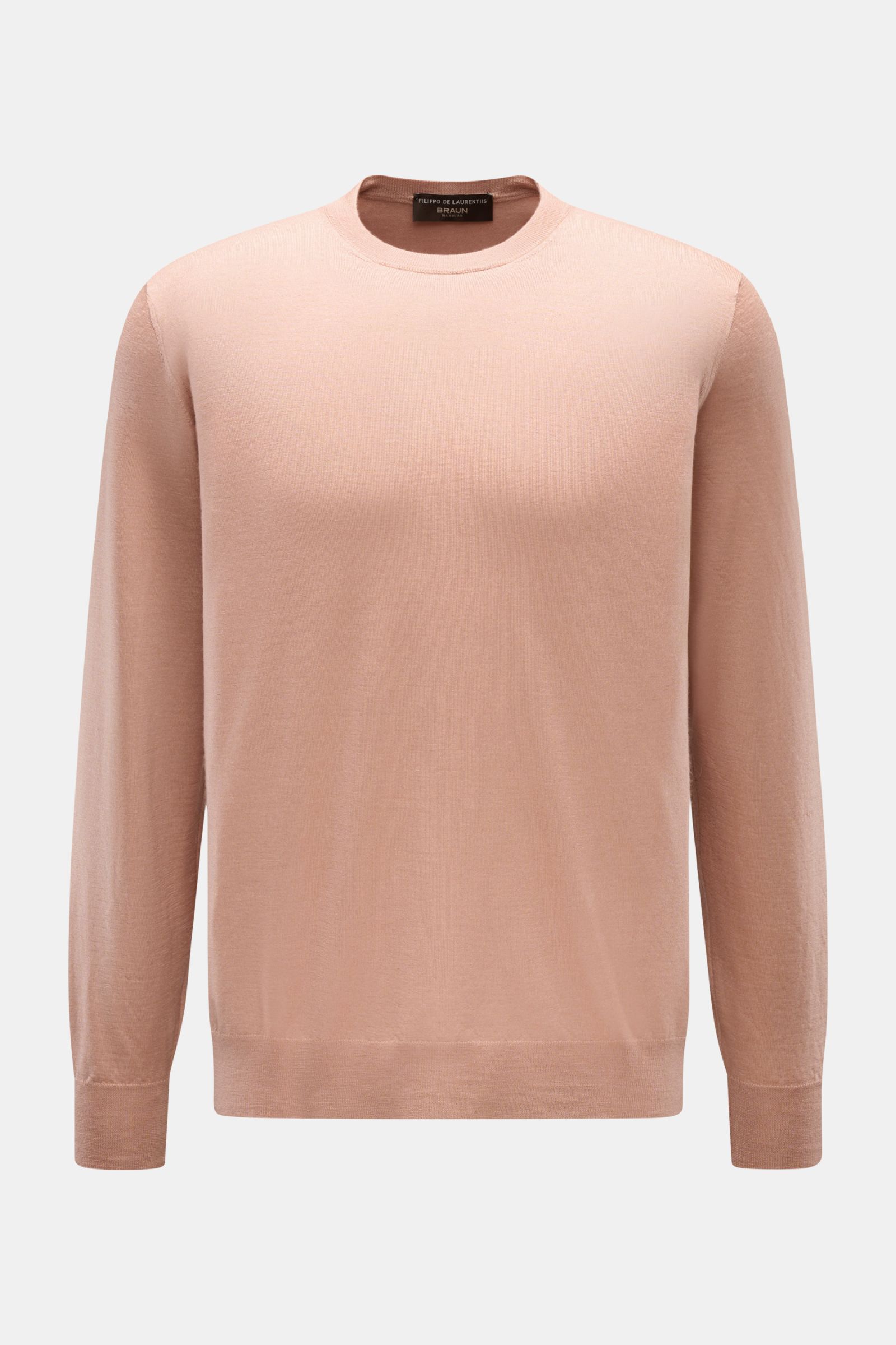 Filippo de Laurentiis Crew neck jumper apricot shown from the front, slim fit in fine silk-cashmere blend, soft feel, ribbed bands.