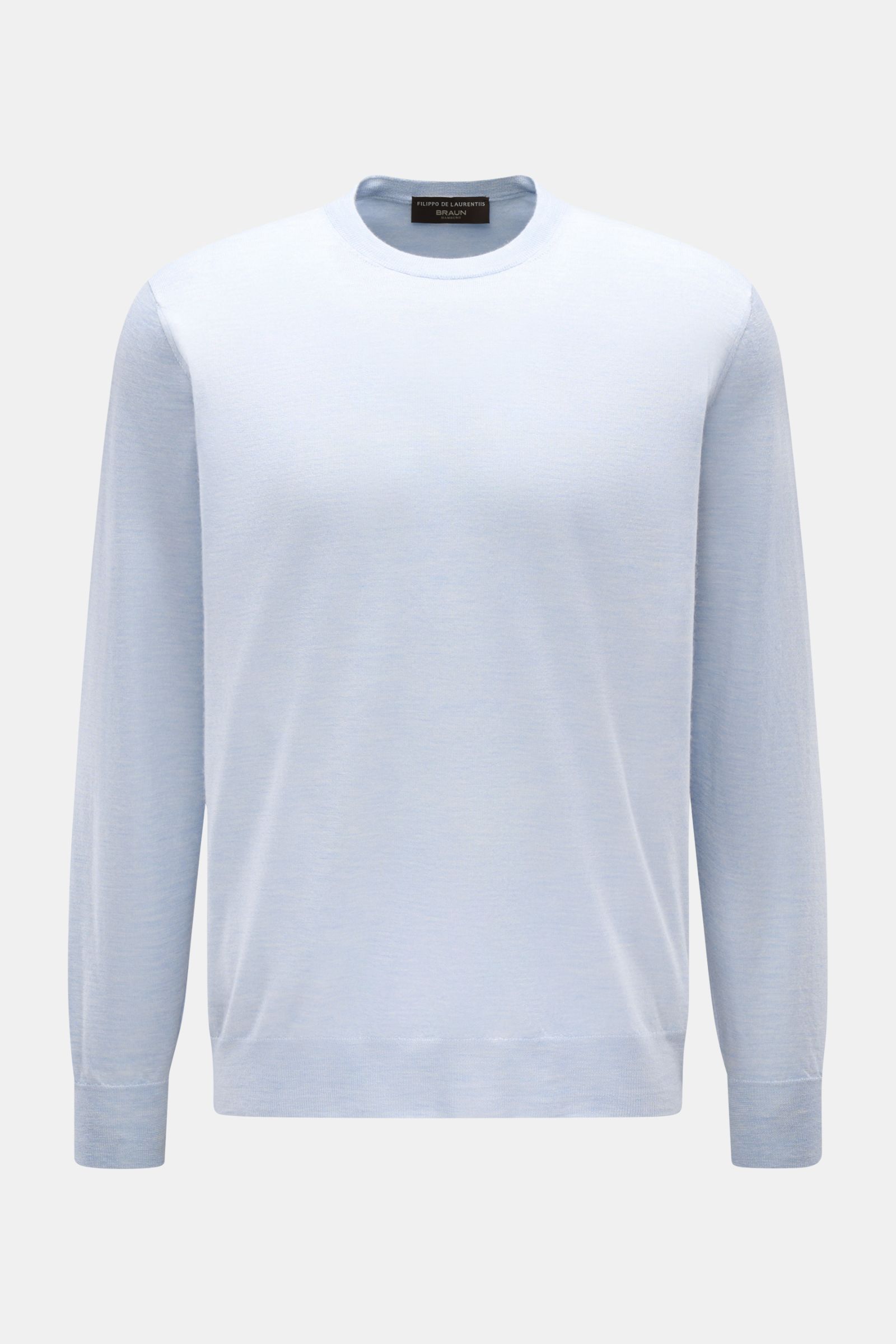 Front view of Filippo de Laurentiis Crew neck jumper pastel blue mottled, showcasing summery knitwear in a fine silk-cashmere blend with a slim fit, crew neck, fine knit, very soft feel, and comfortable ribbed bands.