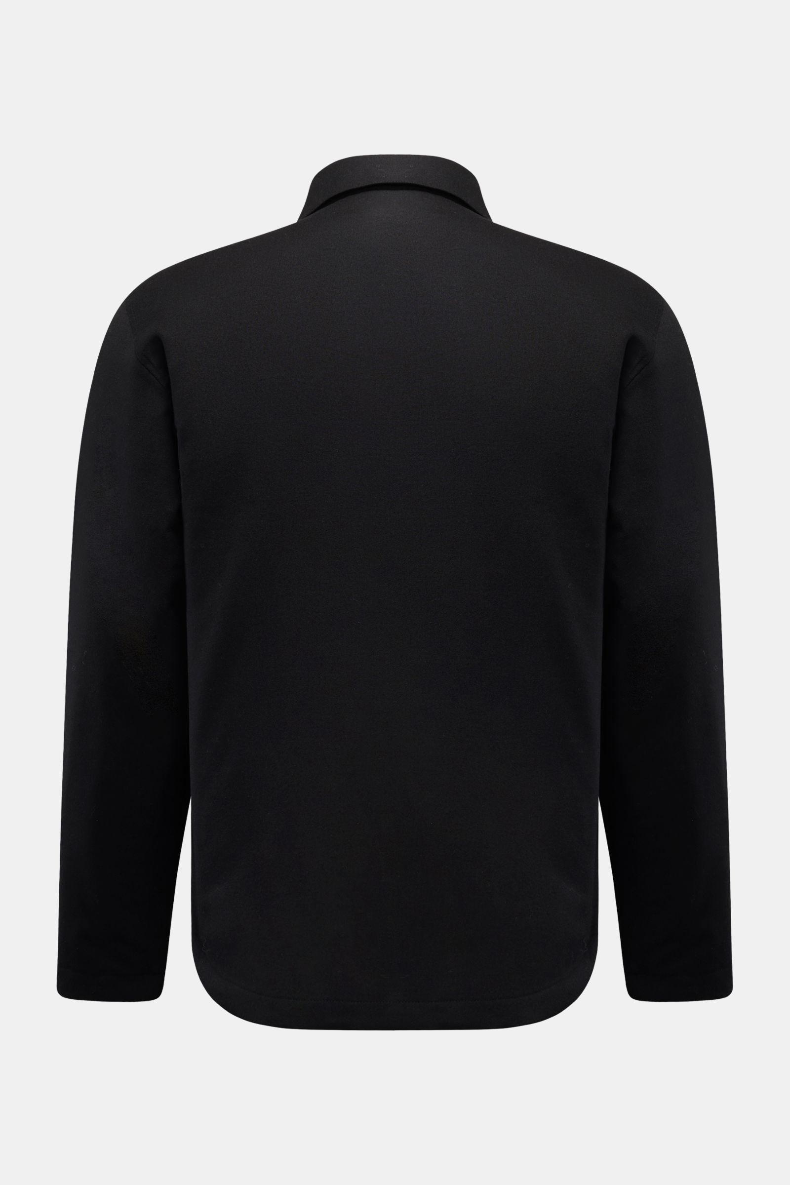 Back view of the 04651/ A trip in a bag Reversible overshirt black, slim fit with a turn-down collar, snap button placket, patch breast pockets with flap, side seam pockets, tonal lining, subtle woven label, rounded hem, made from a blend of wool, cashmer