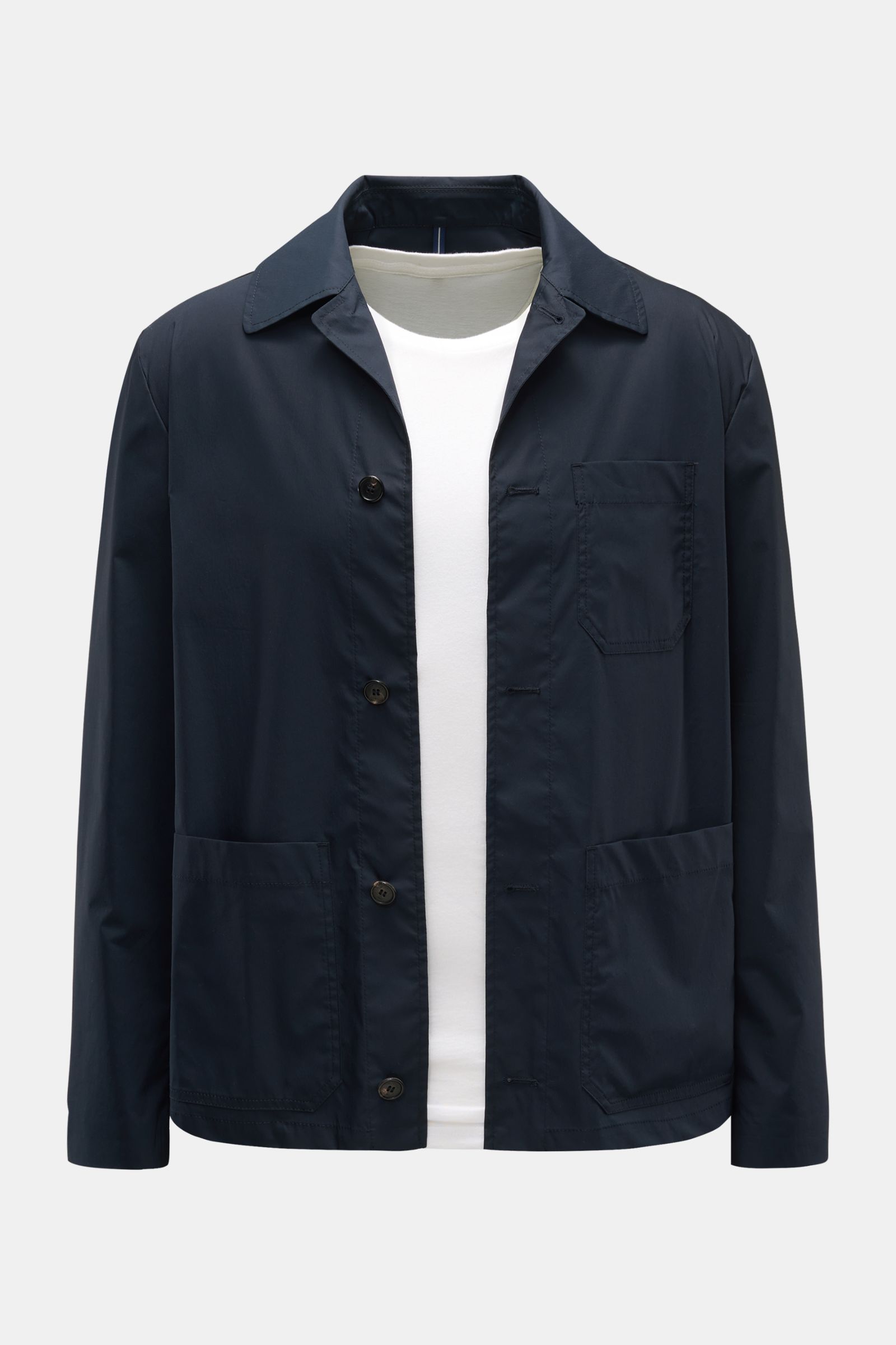 Navy Incotex Overshirt aus Baumwolle und Microfaser, frontal fotografiert mit Umlegekragen, Knopfleiste und Taschen.