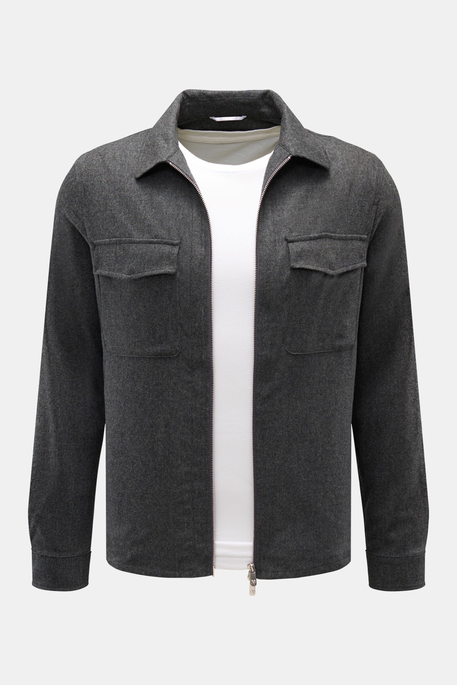 Marco Pescarolo Overshirt 'Urus' dunkelgrau meliert, frontal fotografiert, mit Umlegekragen, Zipper, Brust- und Hüfttaschen, Slim Fit, Wolle-Cashmere-Mix.