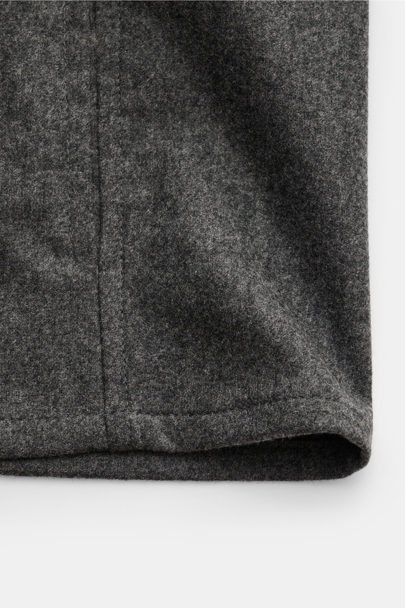 Marco Pescarolo Overshirt 'Urus' dunkelgrau meliert, Detailaufnahme Saum und Naht, Woll-Cashmere-Mix, weicher Griff, Slim Fit, feine Webstruktur.