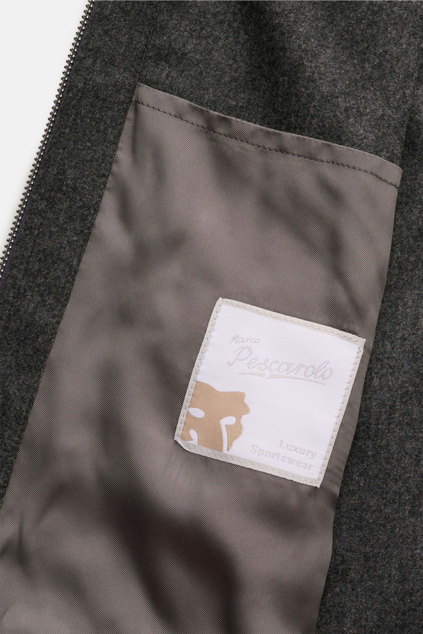 Marco Pescarolo Overshirt 'Urus' dunkelgrau meliert, Innenansicht mit Label, Wolle-Cashmere-Mix, Zipper, Brusttasche, weiche Qualität, Slim Fit.