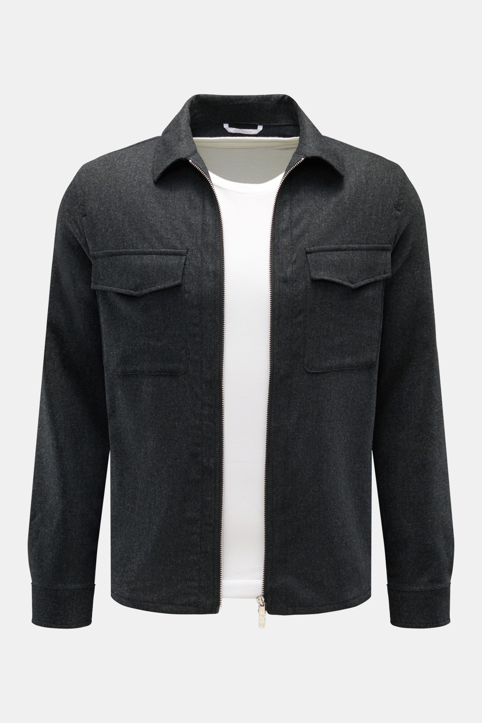 Marco Pescarolo Overshirt 'Urus' anthrazit meliert, frontal fotografiert, mit Zipper, Brusttaschen, Wolle-Cashmere-Mix, Slim Fit, weicher Griff.
