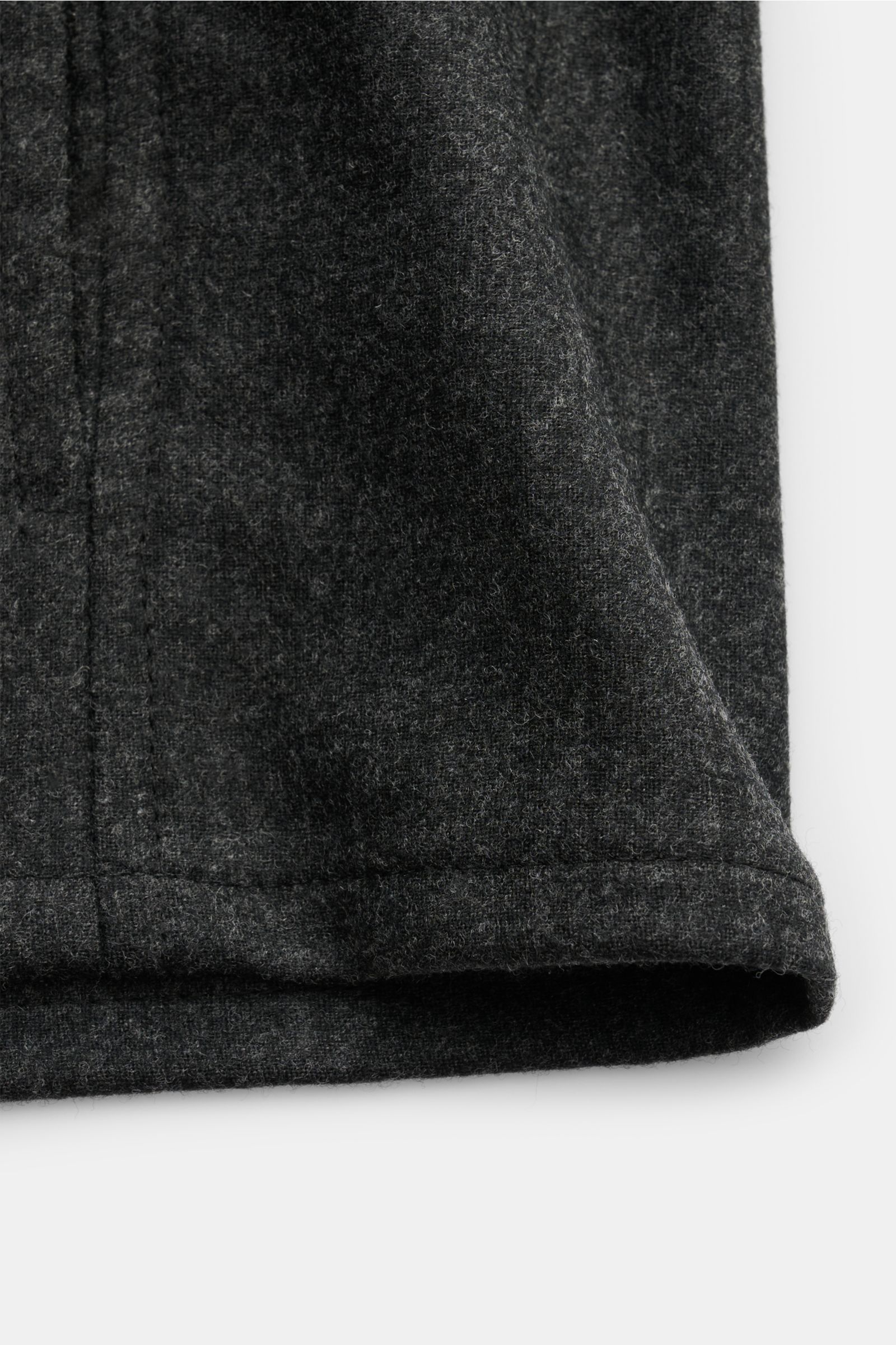 Marco Pescarolo Overshirt 'Urus' anthrazit meliert, Detailaufnahme Saum und Stoffstruktur, Wolle-Cashmere-Mix, Slim Fit, weicher Griff, feine Webstruktur.