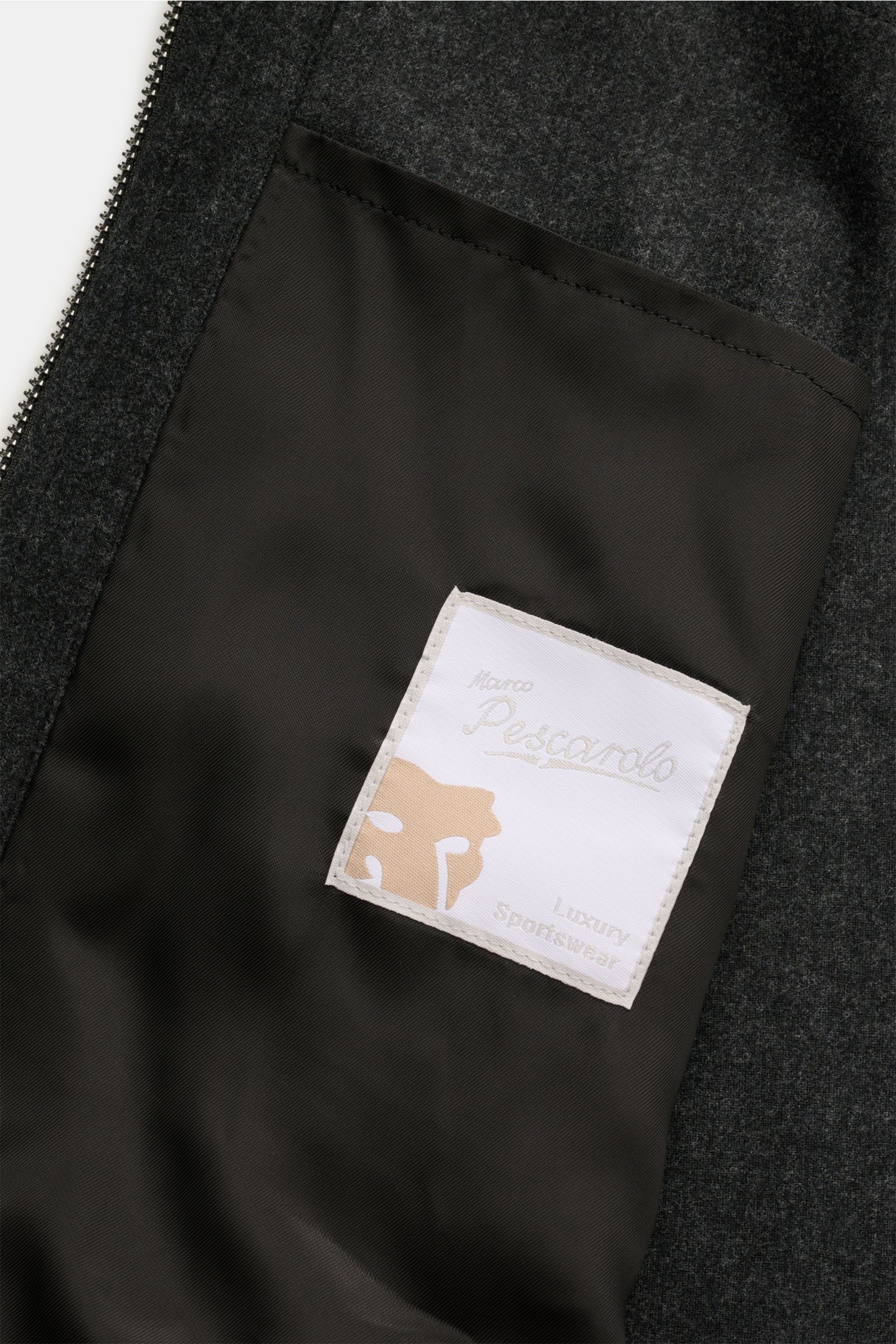 Marco Pescarolo Overshirt 'Urus' anthrazit meliert, Detailansicht Innenfutter mit Label, Mix aus Wolle und Cashmere, weicher Griff, Slim Fit, Zwei-Wege-Reißverschluss.