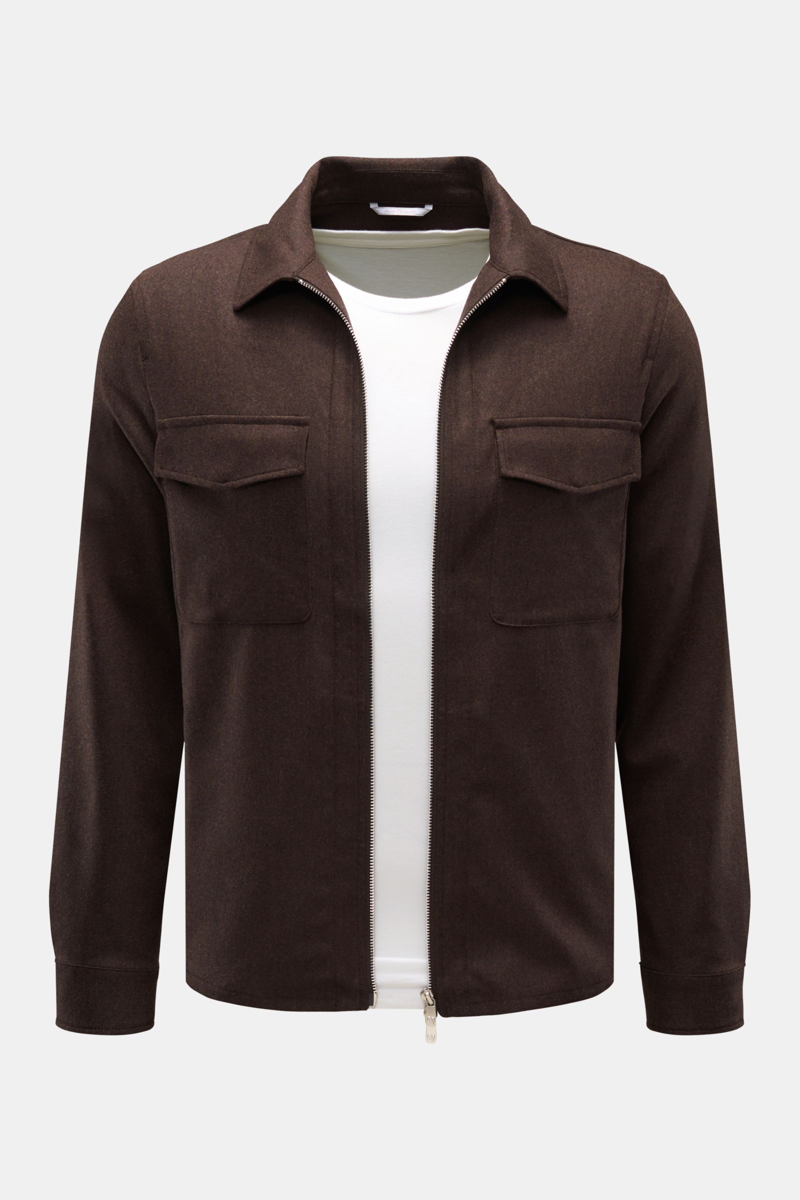 Marco Pescarolo Overshirt 'Urus' dunkelbraun meliert, frontal fotografiert, Slim Fit mit Umlegekragen, Zipper, Brusttaschen, weiche Woll-Cashmere-Mischung.