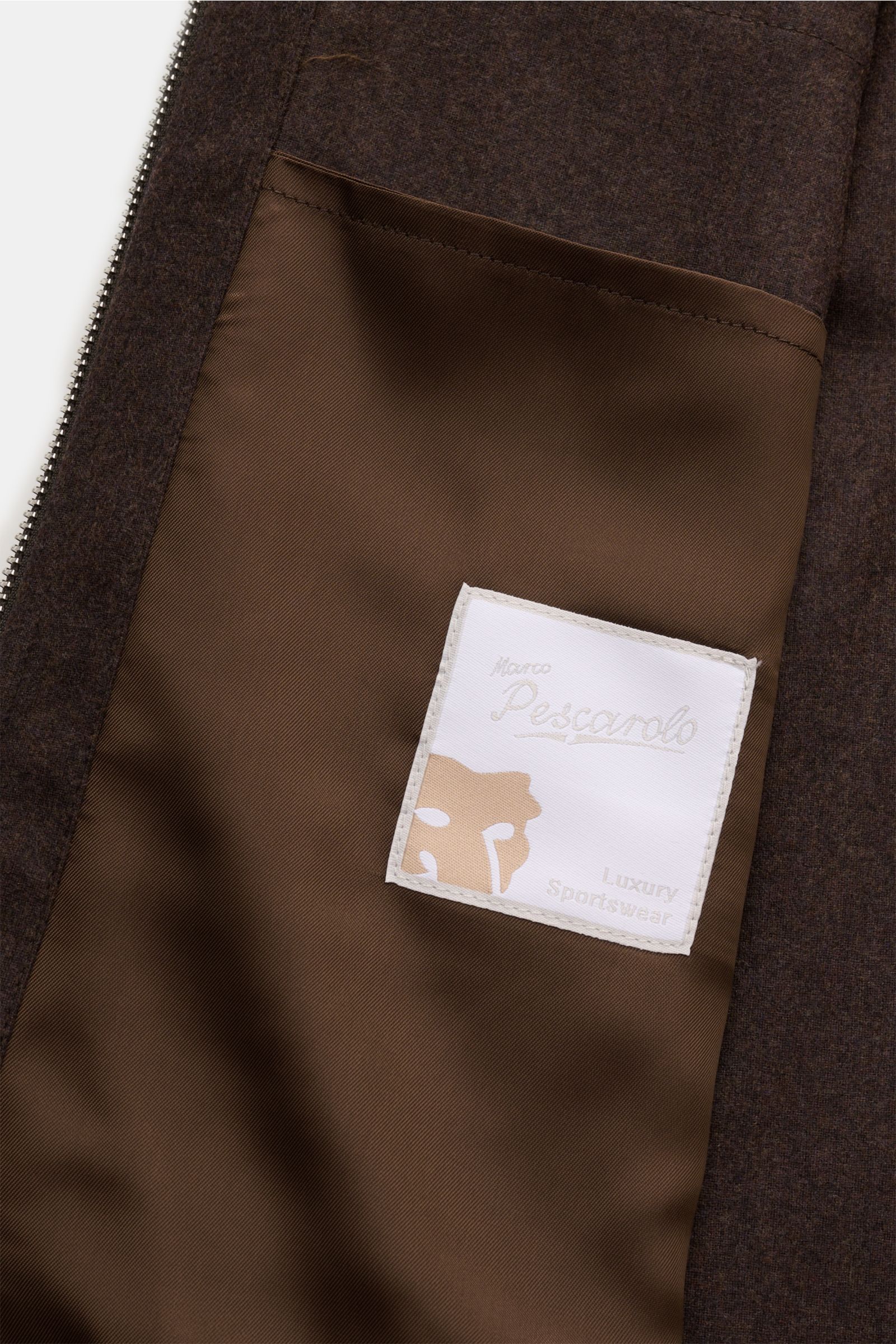 Marco Pescarolo Overshirt 'Urus' dunkelbraun meliert, Detailansicht Innenfutter mit Label, Wolle-Cashmere-Mix, Zipper, Slim Fit, feine Webstruktur.