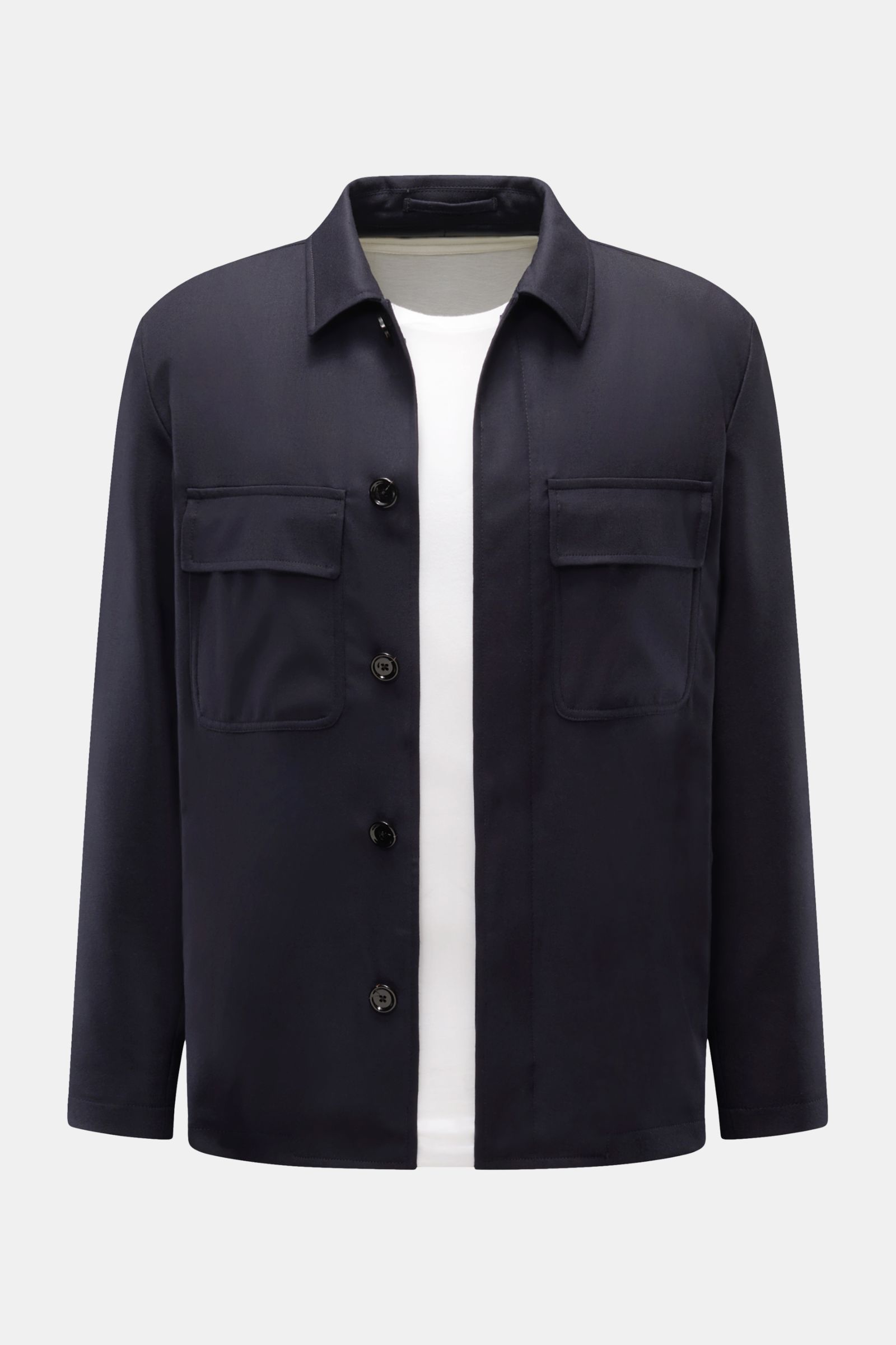 Front view of Lardini Woll-Overshirt 'Aaansel' navy in lightweight elastic wool flannel, featuring regular fit, turn-down collar, concealed five-button placket, flap chest pockets, side hip pockets, buttoned cuffs, smooth lining, and one inner pocket; an 