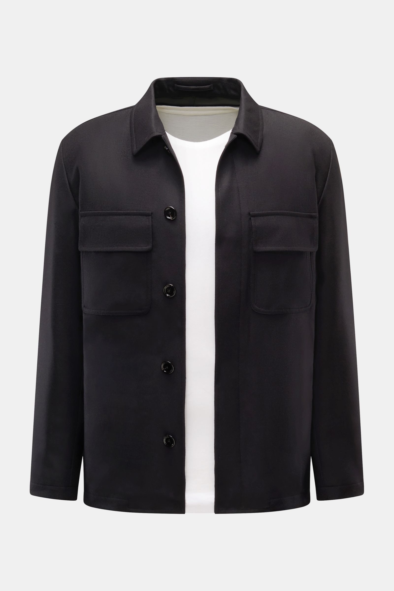 Lardini Woll-Overshirt 'Aaansel' schwarz, Frontansicht, Regular Fit, Kammgarn-Flanell, verdeckte Knopfleiste, Brust- und Hüfttaschen.