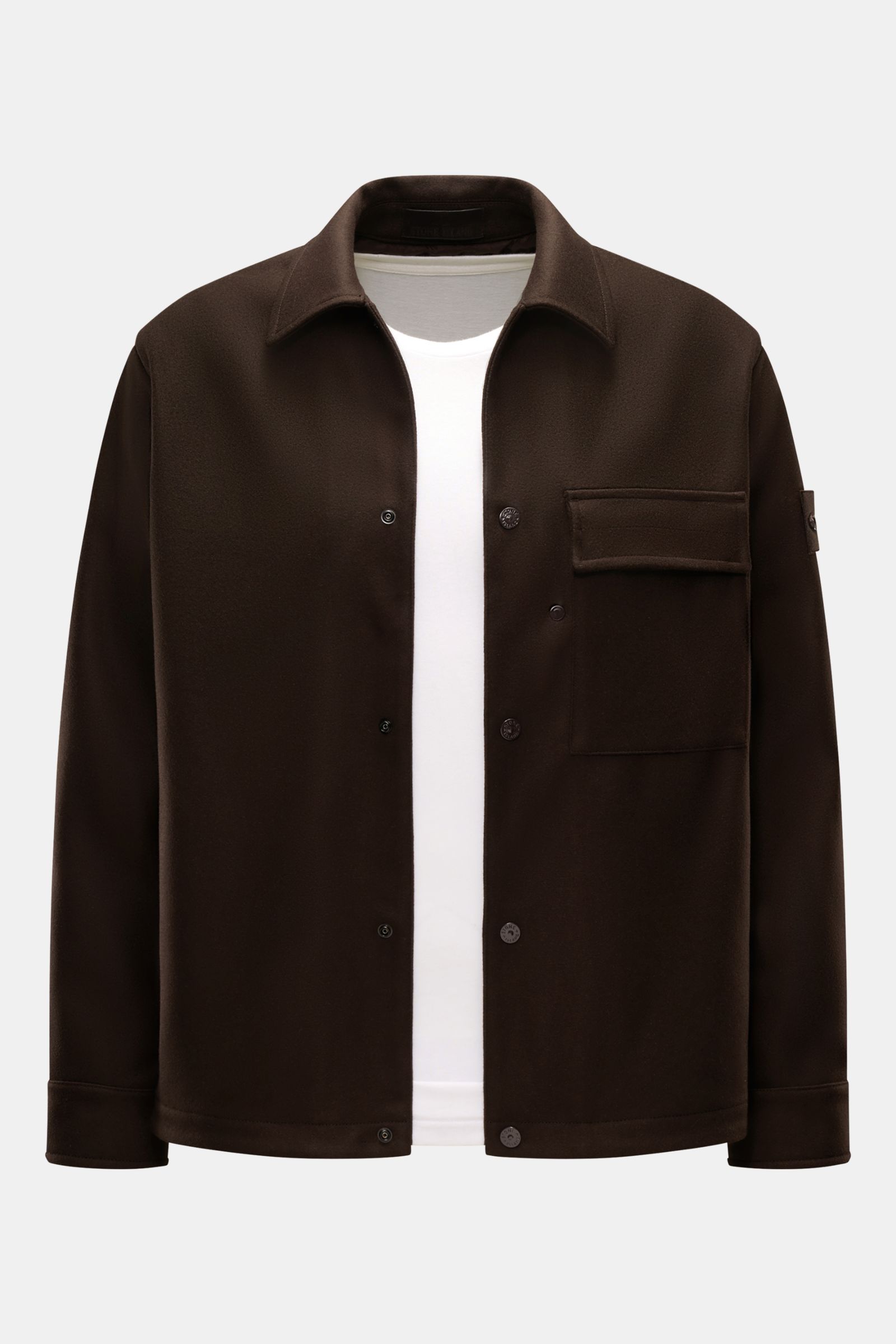 Stone Island Flanell-Overshirt 'Ghost Piece' dunkelbraun shown from the front on a white background, featuring wool and microfiber blend, slim fit, soft touch, snap button placket, spread collar, chest pocket with buttoned flap, tonal compass badge on sle