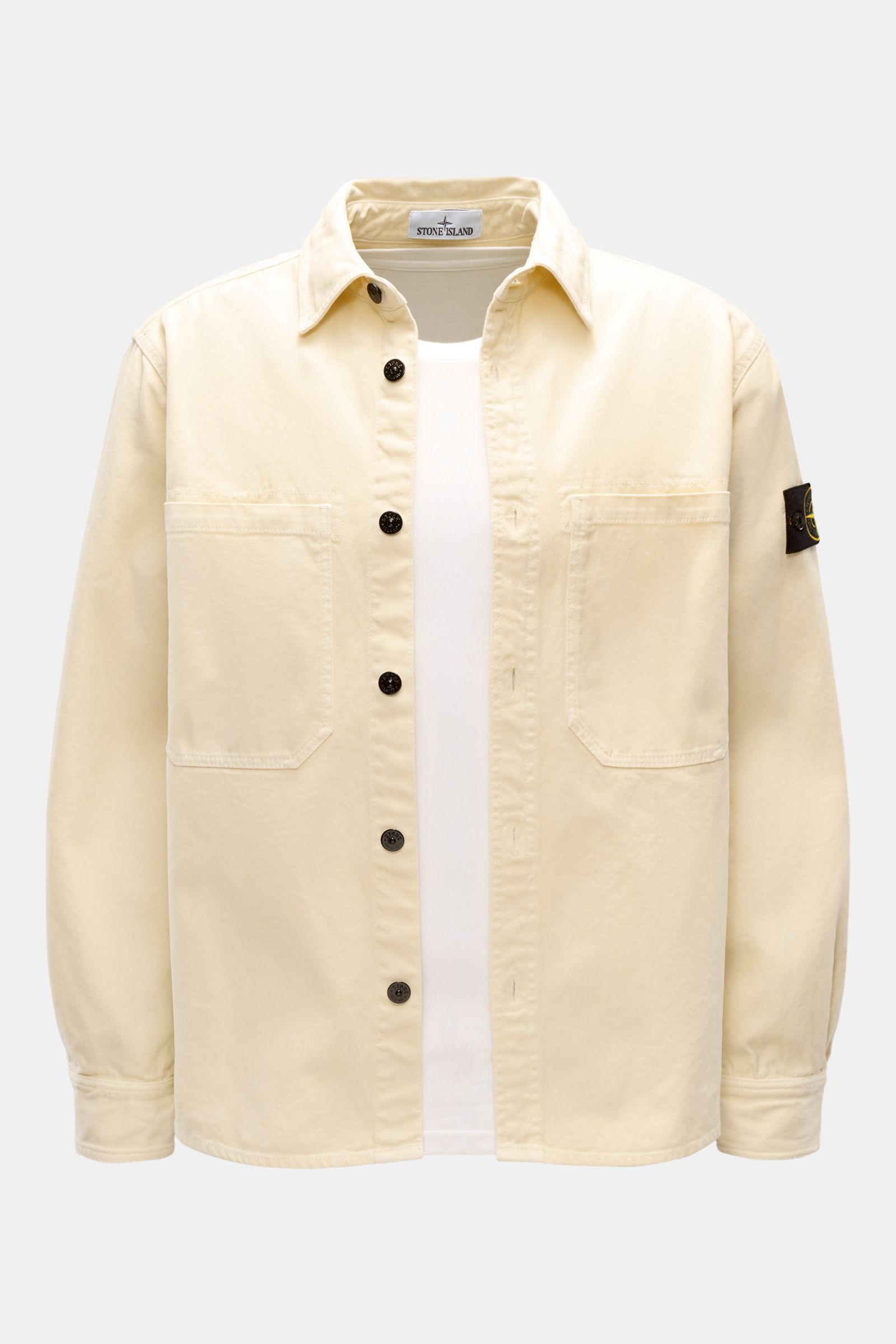 Stone Island Overshirt 'Organic Panama' creme, Slim Fit, reine Baumwolle, Fronttaschen, Kompass-Badge am Ärmel, Manschetten, von vorne.