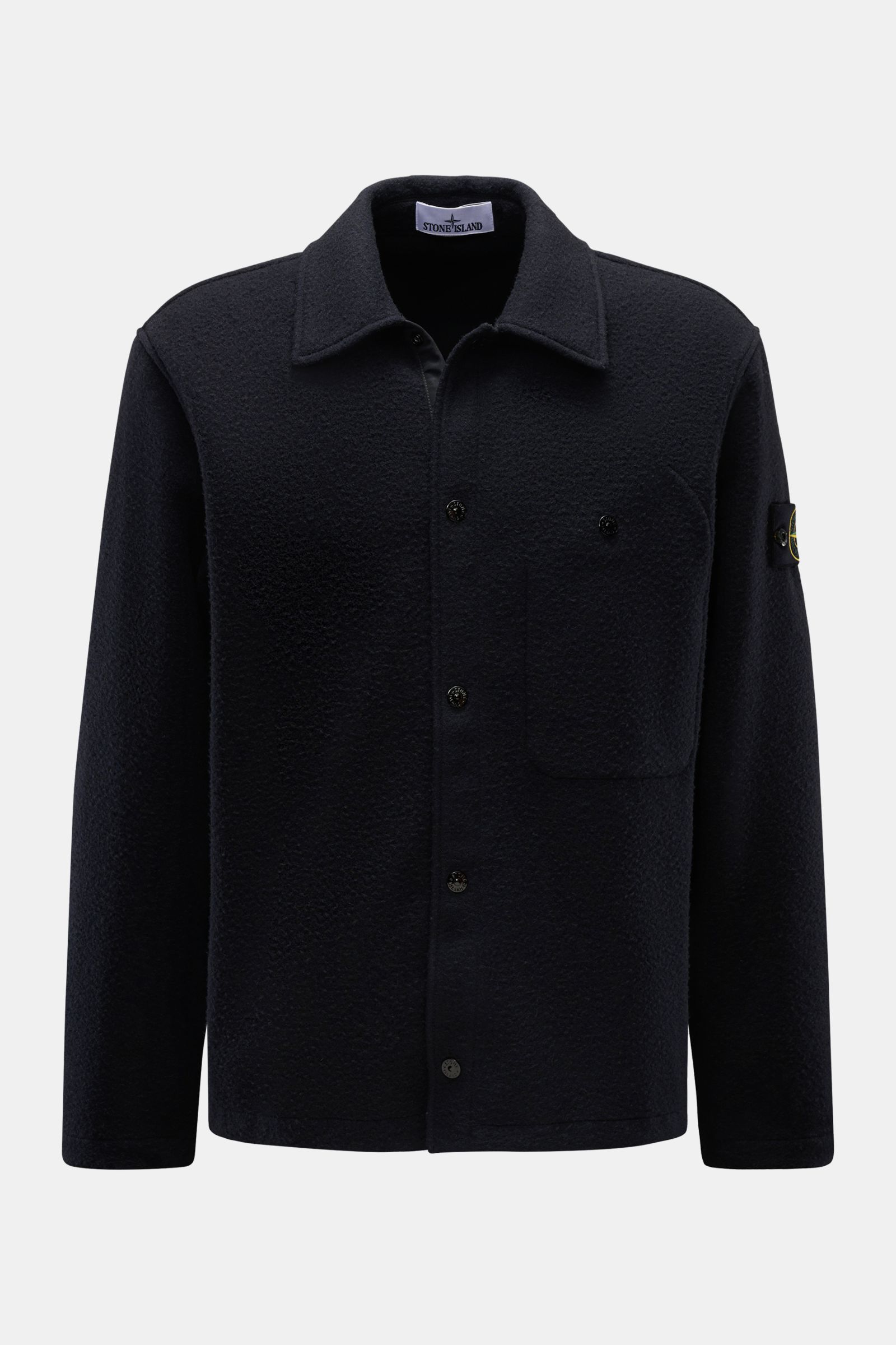 Front view of Stone Island Jacke 'Panno Ratinato' navy overshirt, textured wool and microfiber mix, slim fit, snap button placket, spread collar, chest pocket, typical compass badge on sleeve, snap button cuffs, adjustable hem width.