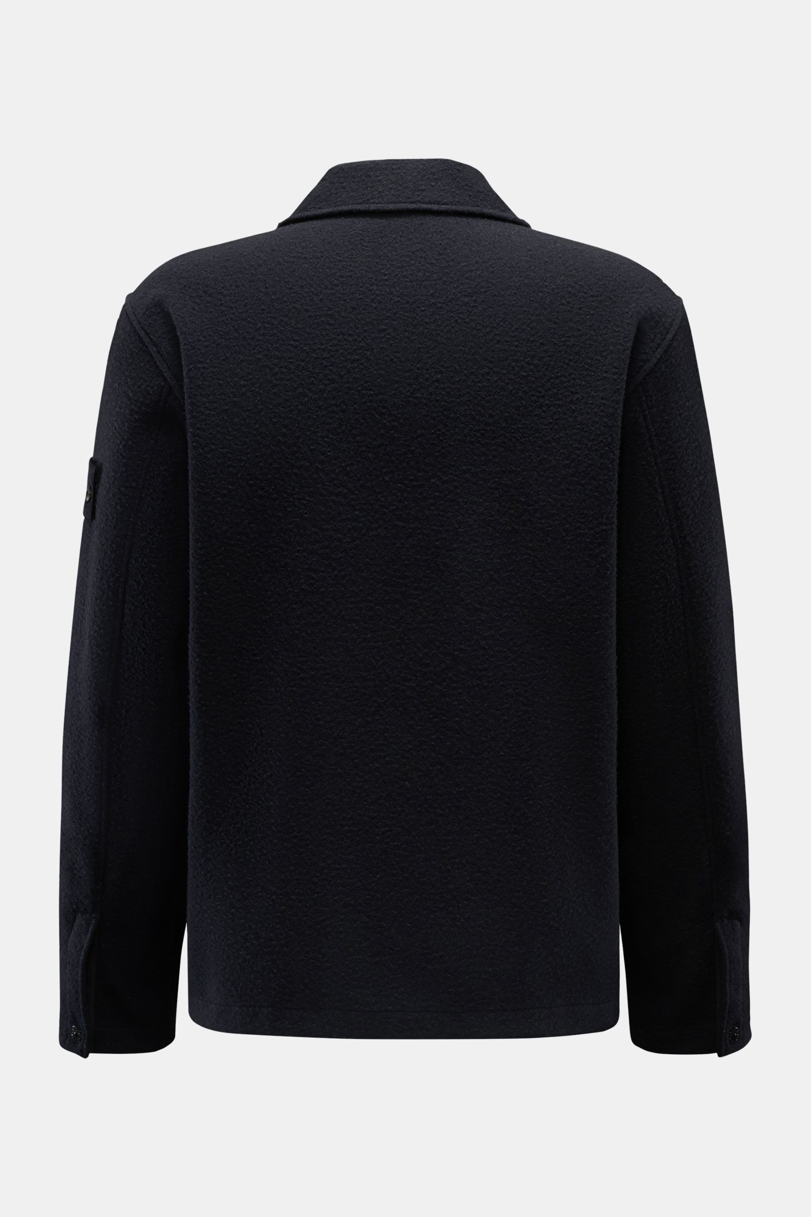 Stone Island Jacke 'Panno Ratinato' navy shown from the back, slim fit with mix of wool and microfiber, structured texture, Druckknopfleiste, Umlegekragen, typical compass badge on sleeve, sleeve cuffs with Druckknopf, adjustable hem width.