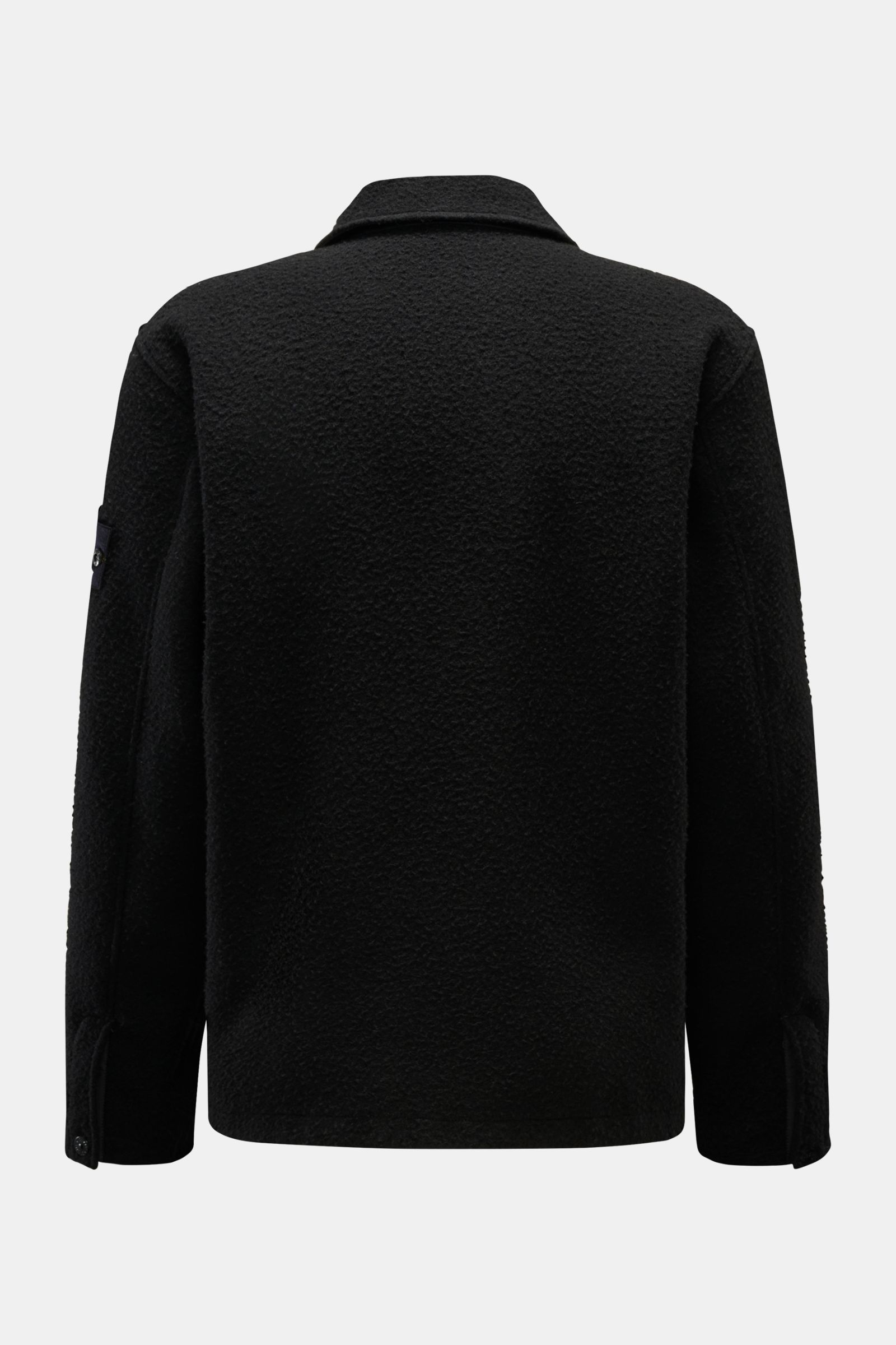 Stone Island Jacke 'Panno Ratinato' schwarz, Rückansicht, Mix aus Wolle und Microfaser, strukturierte Haptik, Slim Fit, Druckknopfleiste, Umlegekragen, Kompass-Badge, Ärmel mit Druckknopf, regulierbare Saumweite.