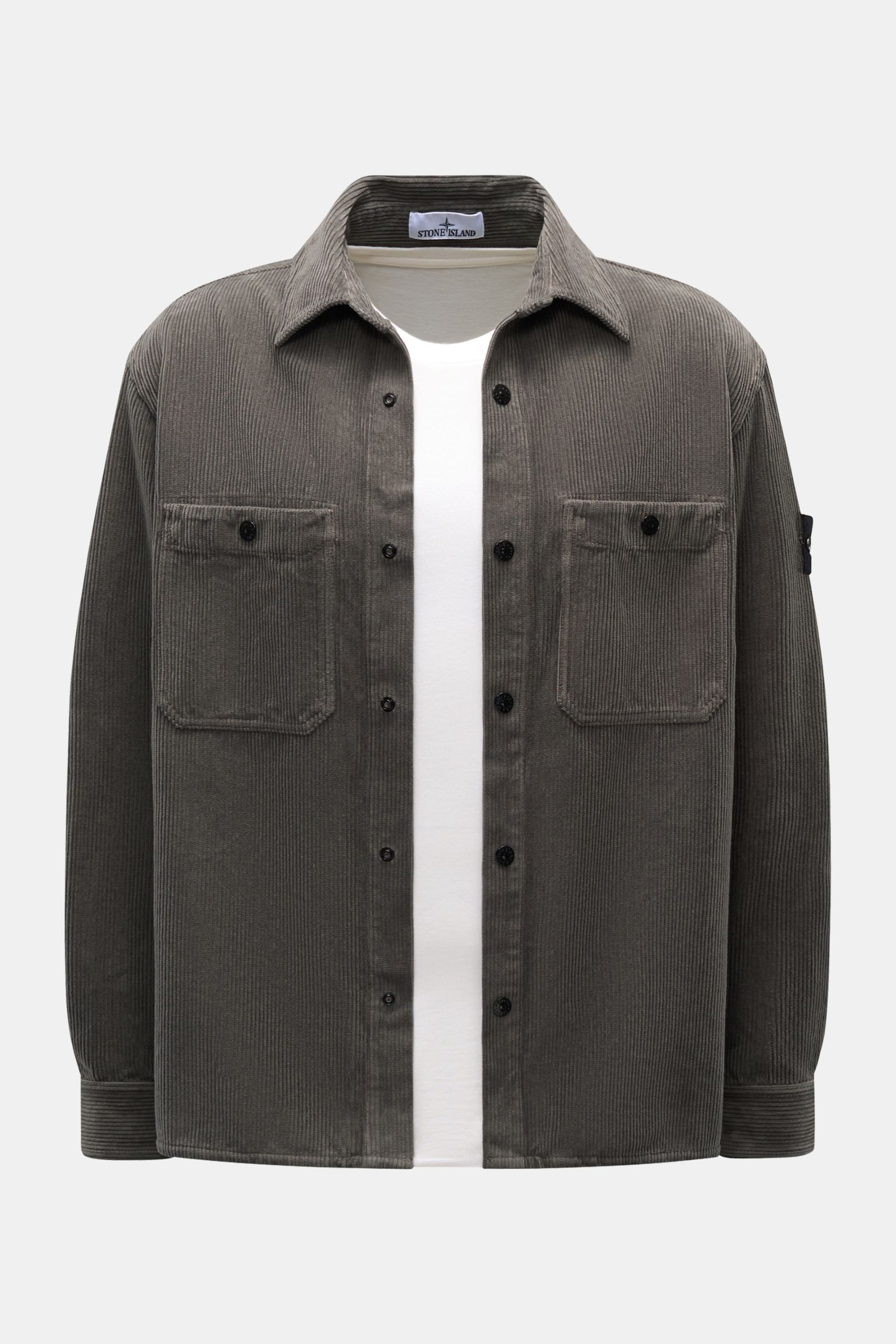 Stone Island Cord Overshirt 'Organic Cotton Corduroy' dunkelgrau, frontale Ansicht, oversized Fit, Cord aus Bio-Baumwolle, Kompass-Badge am Ärmel.