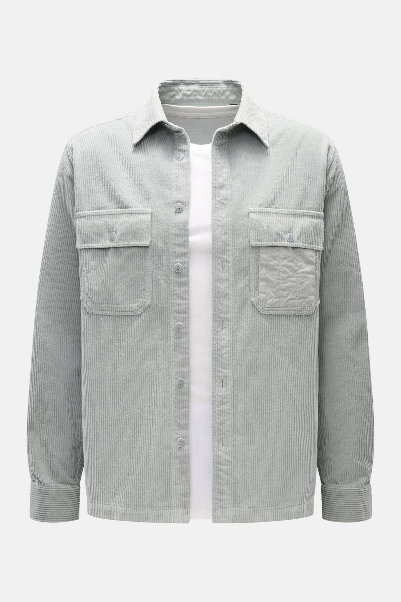 Belstaff Cord-Overshirt 'Fallgate' grau, Slim Fit Baumwollcord, Umlegekragen, Knopfleiste, Brusttaschen, Twill-Ärmel, frontal fotografiert.