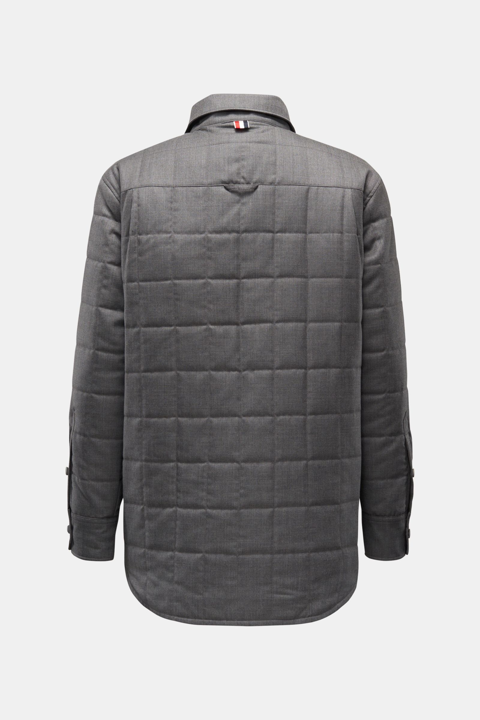 Back view of Thom Browne Daunenjacke dunkelgrau meliert, a preppy wool jacket with light down filling and classic quilting, featuring a soft touch, slim fit, turn-down collar, button placket, chest pocket, sport cuffs, rounded hem, and contrasting lining.