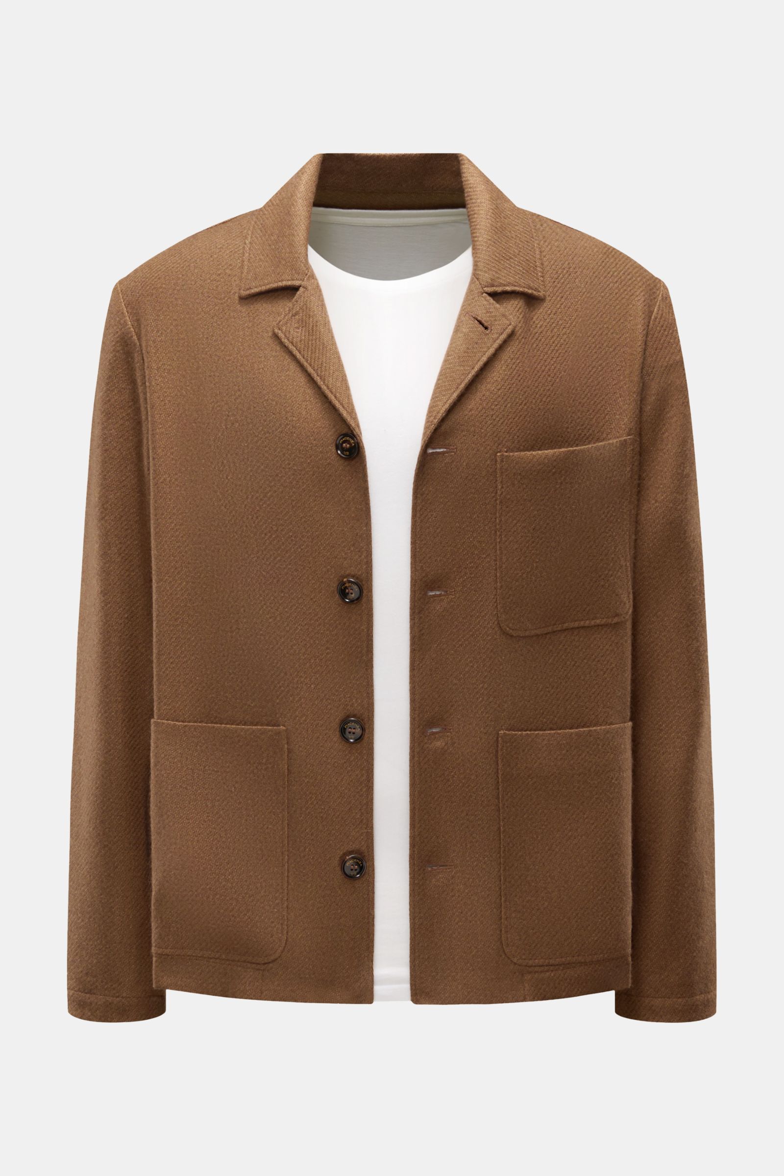 Front view of Piacenza 1733 Overshirt braun in brown cashmere-silk mix with soft texture, oversized fit, five-button placket, and patch pockets. 

Description: Luxus zum Anziehen: PIACENZA 1733 verbindet höchste Qualität mit moderner Lässigkeit. Dieses