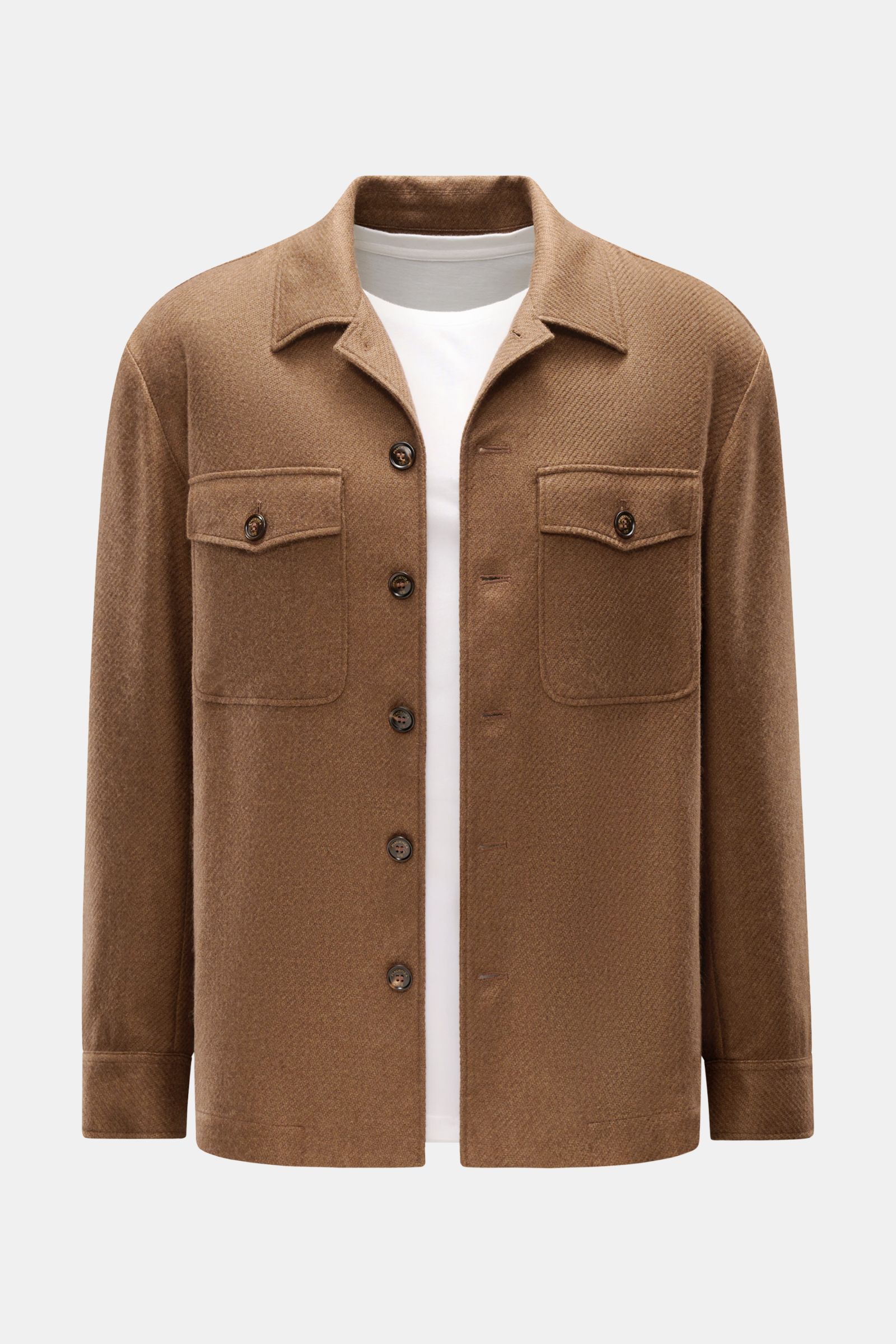Braunes Piacenza 1733 Overshirt aus Cashmere-Seide-Mix, von vorne fotografiert, mit Umlegekragen, sechs Knöpfen, Brusttaschen und Manschetten.