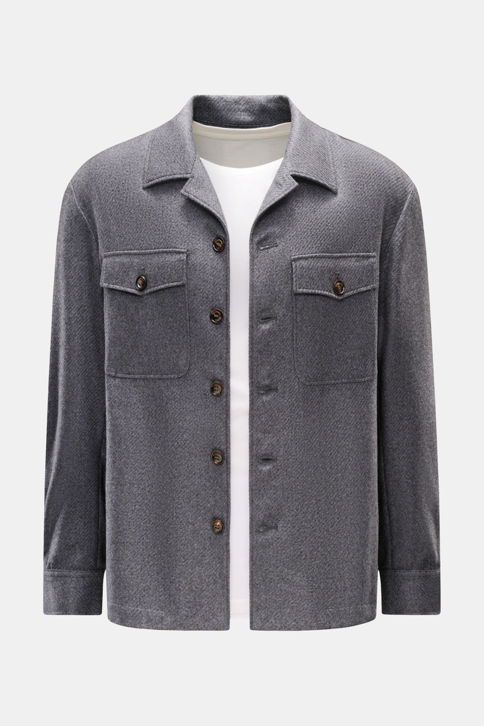 Piacenza 1733 Overshirt dunkelgrau meliert, frontale Nahaufnahme, Regular Fit, Umlegekragen, Knopfleiste, Brusttaschen, feine Cashmere-Seide-Struktur.