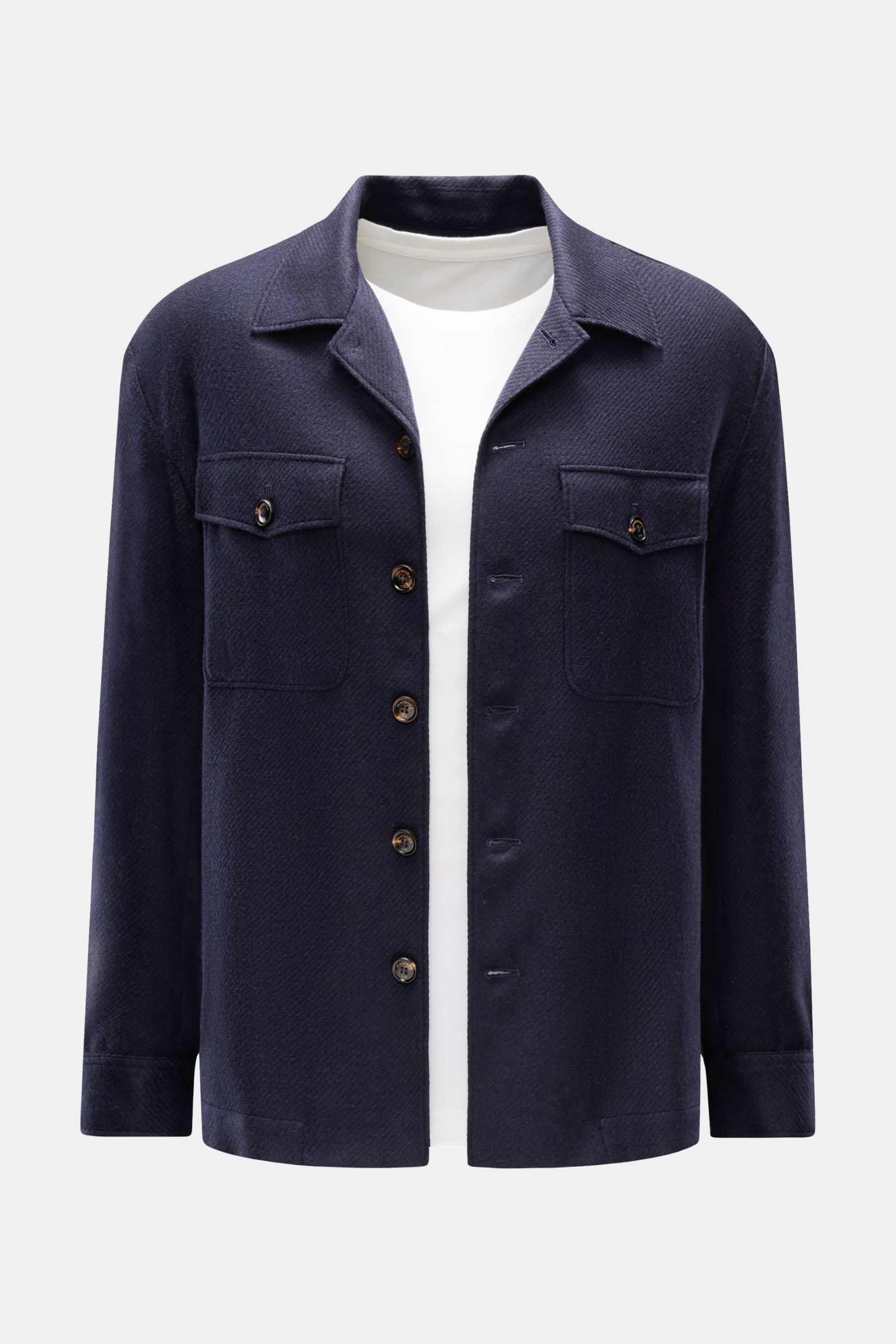 Front view of the Piacenza 1733 Overshirt navy in a cashmere-silk blend, featuring six-button placket, turn-down collar, breast pockets with button flap, sleeves with cuffs, hem with side vents, and fine woven texture for a very soft feel.

Luxury meet