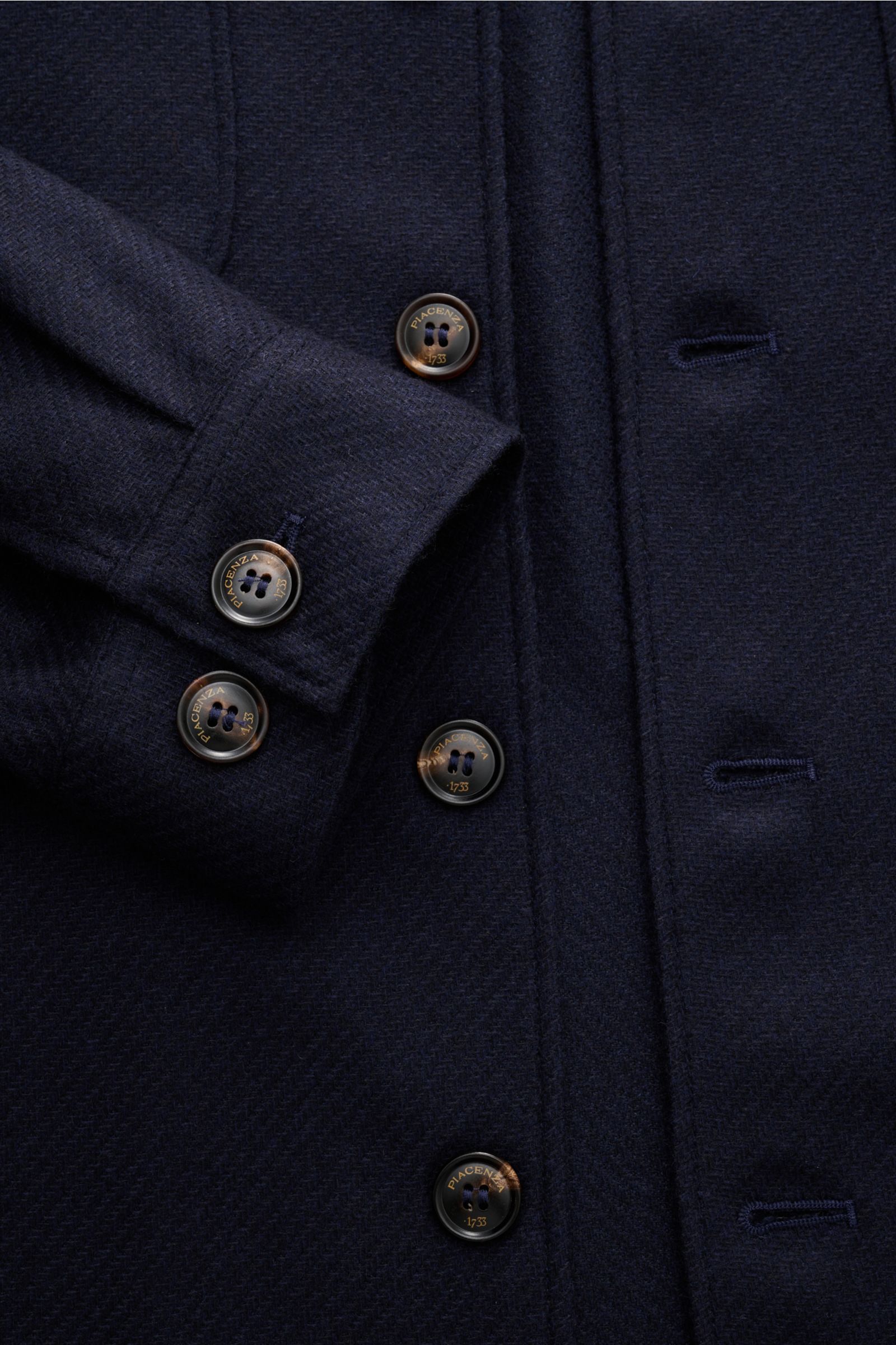 Close-up top-down view of the Piacenza 1733 Overshirt navy showing buttons, cuffs, and fine woven texture in a cashmere-silk blend.

Luxury meets ease: With this casually cut overshirt in a cashmere-silk blend, PIACENZA 1733 brings smart style to your 