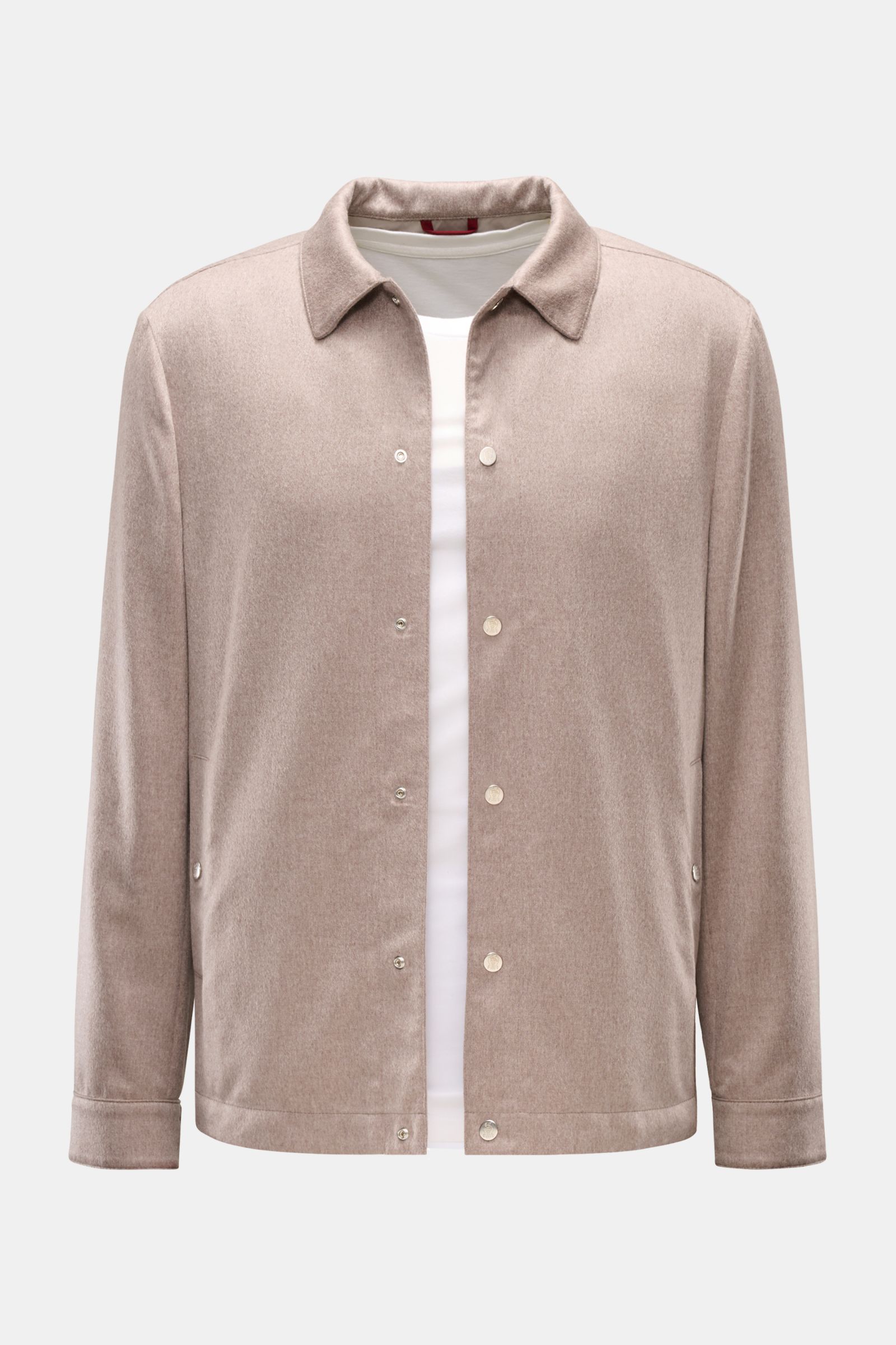 Brunello Cucinelli Cashmere overshirt sand mottled shown from the front, slim fit with six-button placket, turn-down collar, jetted pockets.