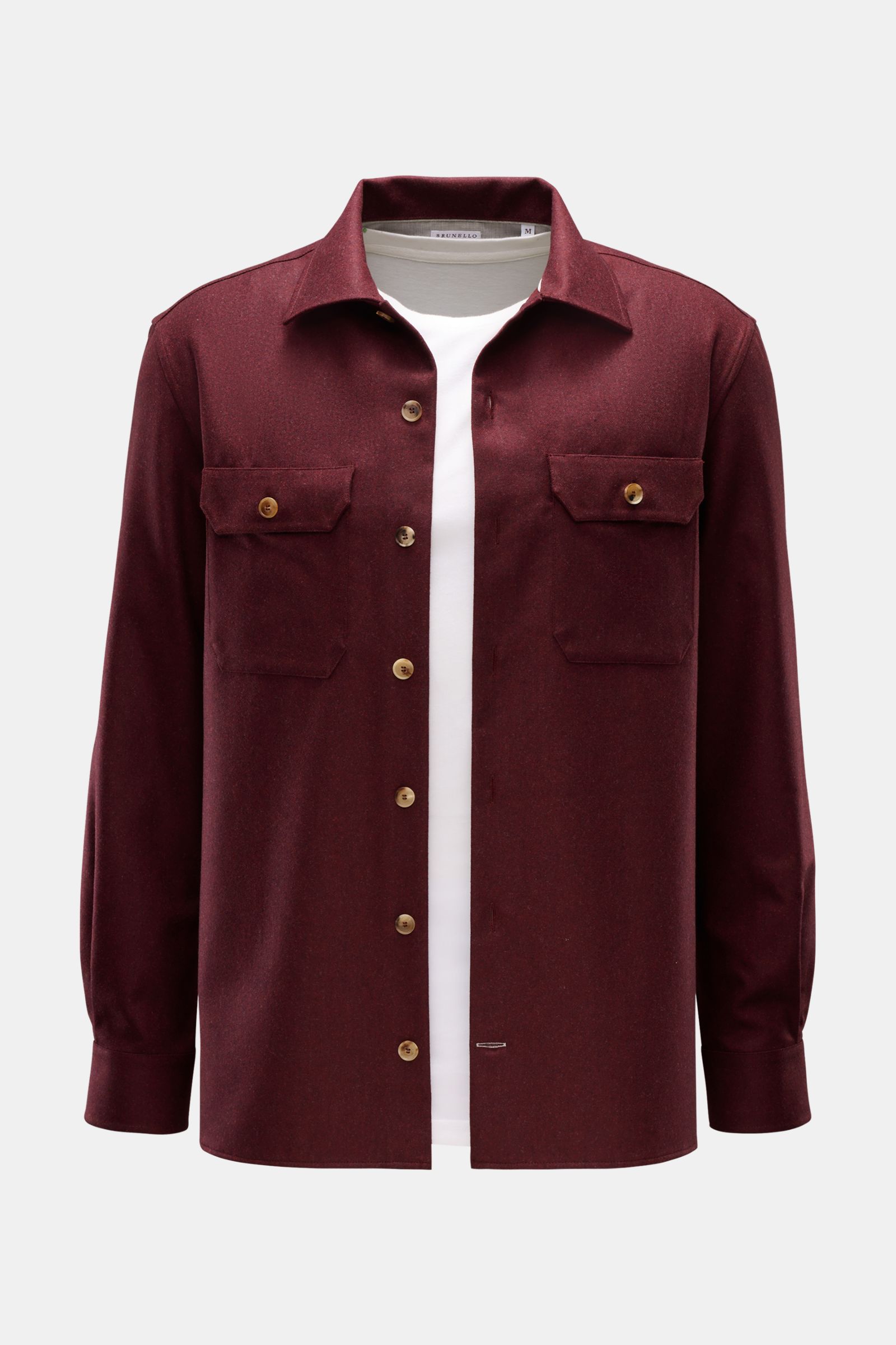 Front view of a Brunello Cucinelli Overshirt dunkelgrau meliert in soft pure wool, slim fit with collar, seven-button placket, flap chest pockets, classic cuffs, and straight hem, perfect for layering casual or office looks. Dieses Overshirt aus reiner