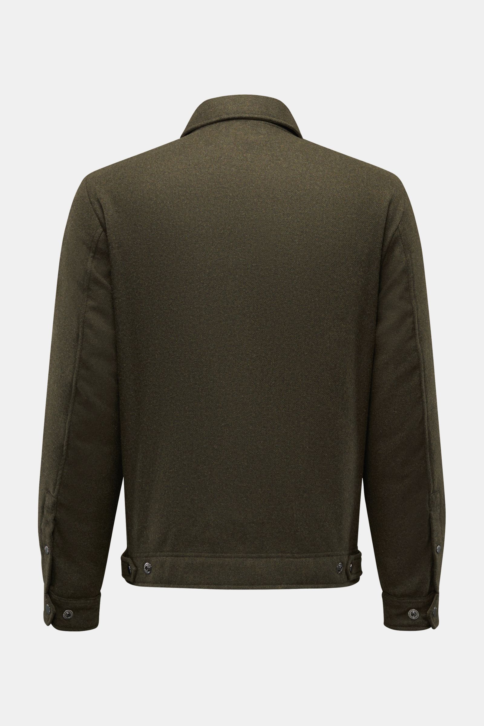 Woolrich Daunenjacke dark olive, Rückansicht, Slim Fit mit Woll-Microfaser-Mix, leichter Daunenfüllung, variabler Kragen, Druckknopfleiste, Leistentaschen, Knopfärmeln, regulierbarer Taille.