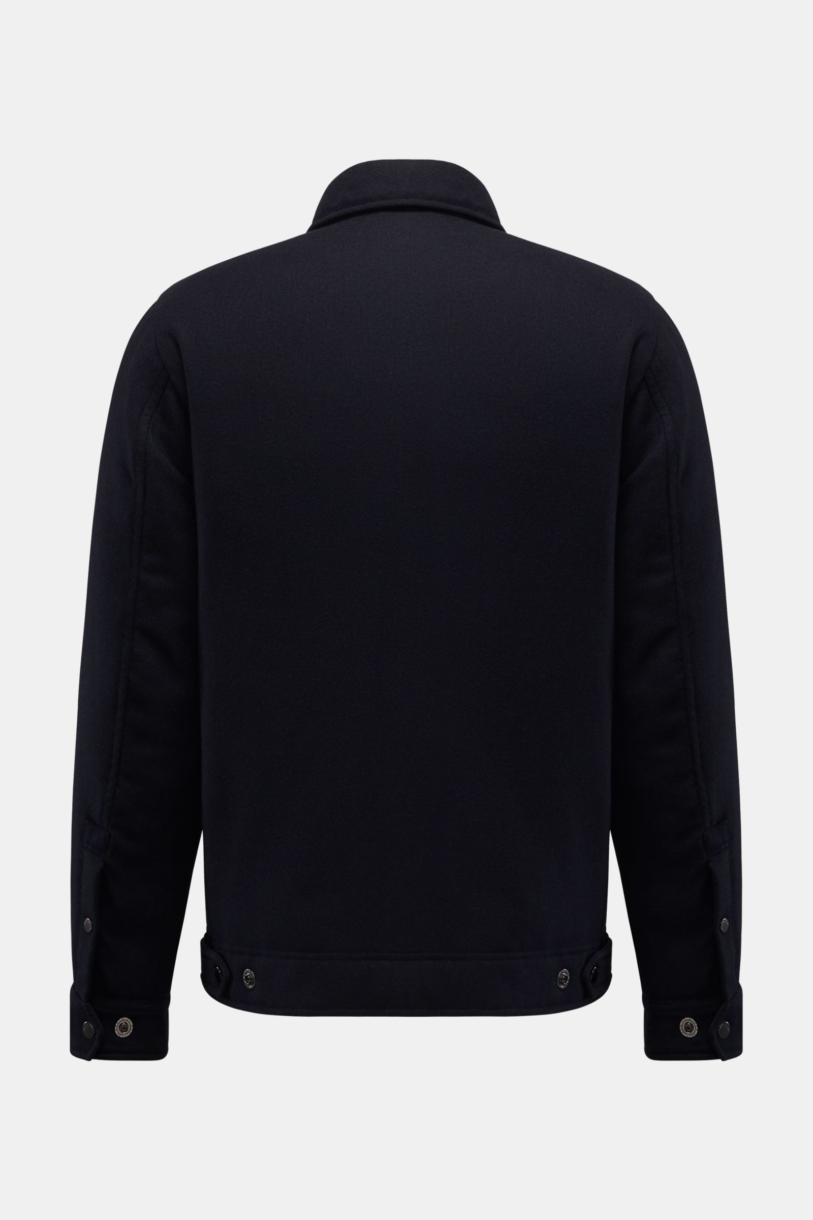 Woolrich Daunenjacke navy shown from the back, made of Wolle und Microfaser with leichte Daunenfüllung, Slim Fit, Druckknopfleiste, variabler Kragen mit Knopfriegel, schräge Leistentaschen, Ärmelabschlüsse mit Knopf, regulierbare Taillenweite, gesteppter,