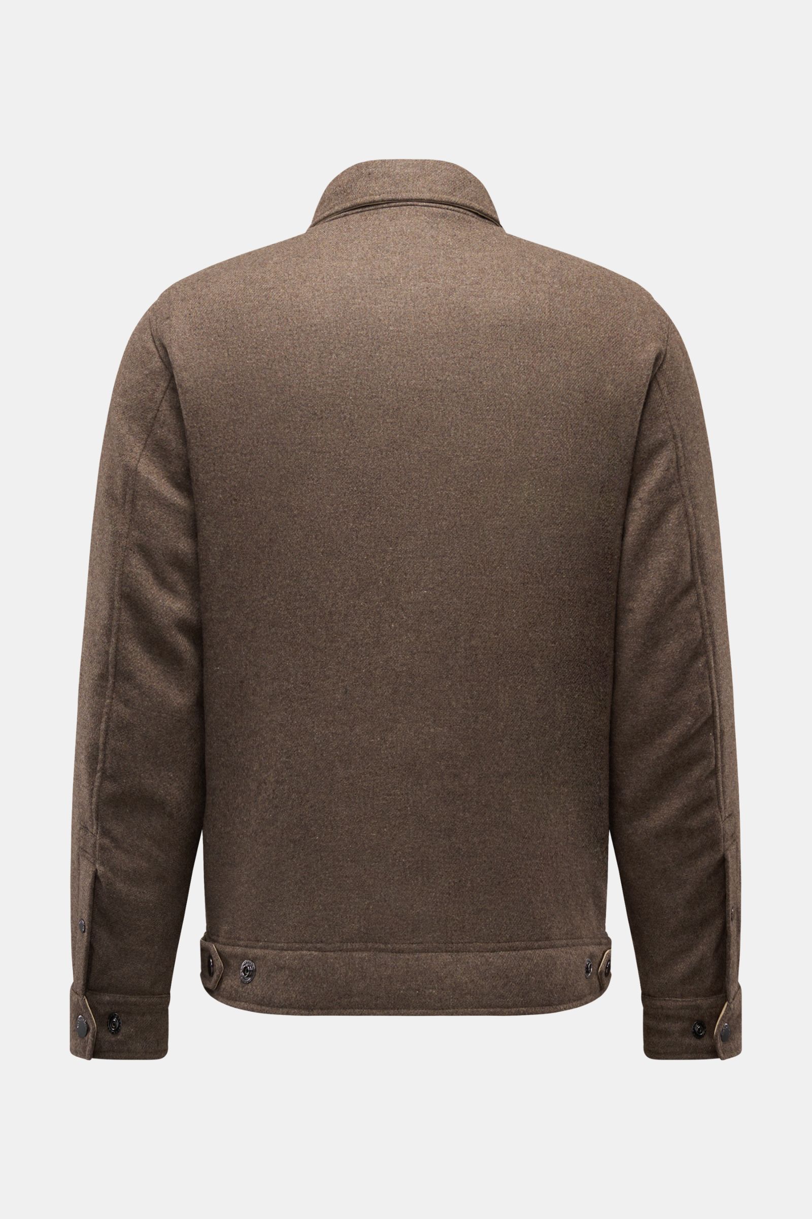 Woolrich Daunenjacke taupe von hinten, Slim Fit mit Wolle und Microfaser, Daunenfüllung, Druckknopfleiste, variabler Kragen, schräge Taschen.