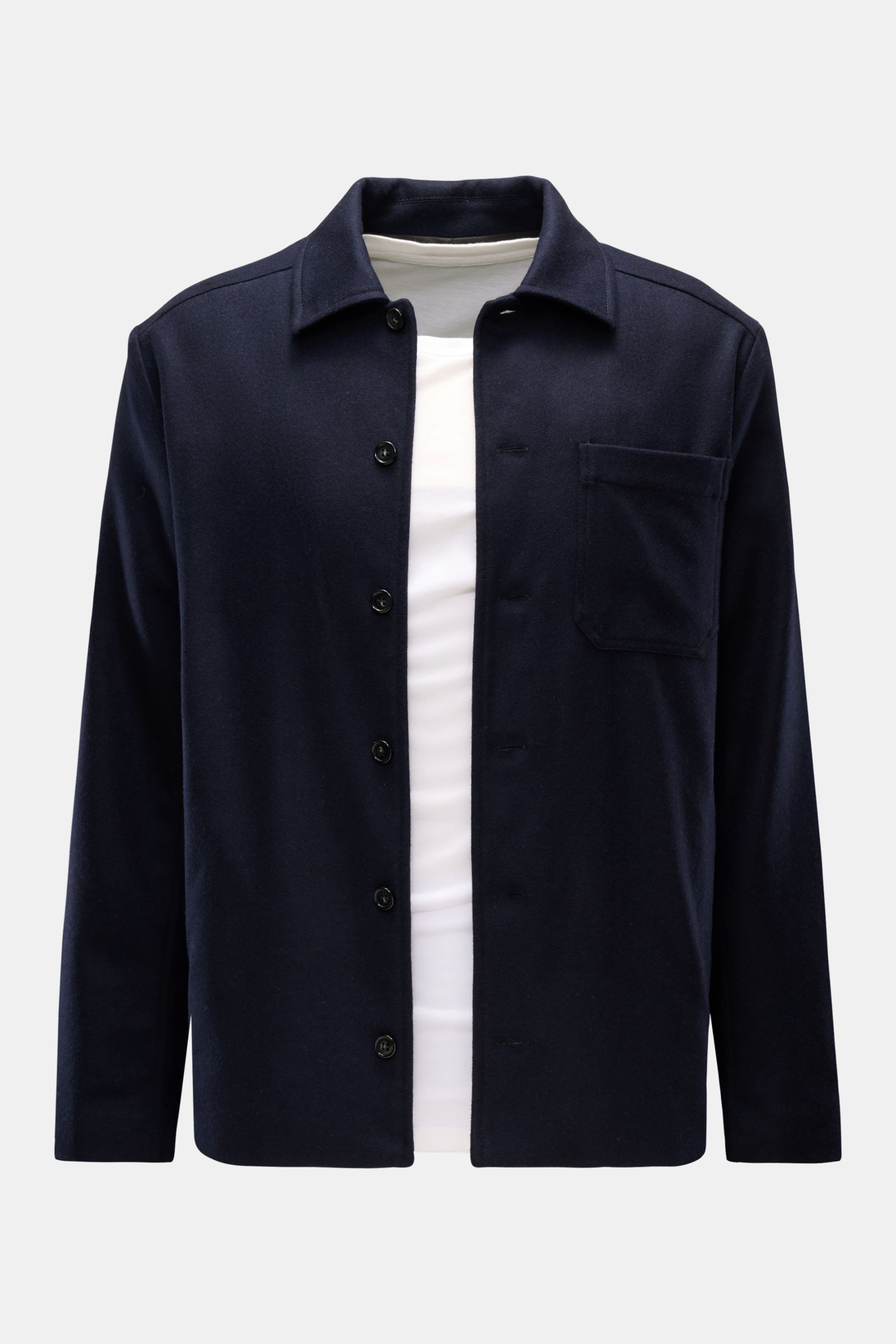A front view of the A.P.C. Overshirt 'Jamie' navy, a wool and microfibre blend overshirt with six-button placket, turn-down collar, patch breast pocket, side seam pockets, smooth lining, regular fit, straight hem, and one inside pocket. Smart and quintess