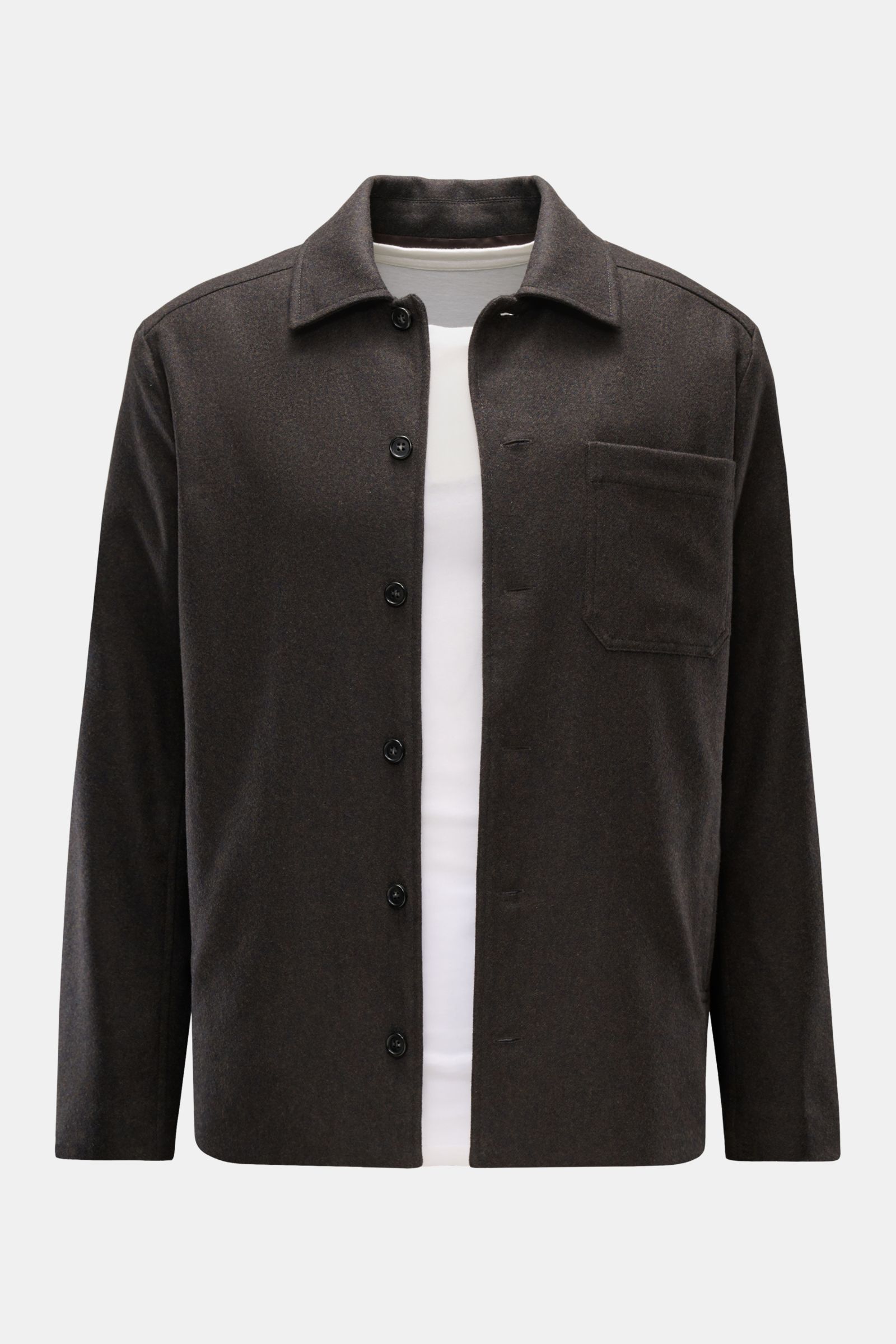 A.P.C. Overshirt 'Jamie' graubraun meliert, frontal fotografiert, aus Woll-Microfaser-Mix, Regular Fit, mit Umlegekragen, Sechs-Knopf-Leiste, Brusttasche, Seitentaschen, geschmeidigem Futter und geradem Saum.