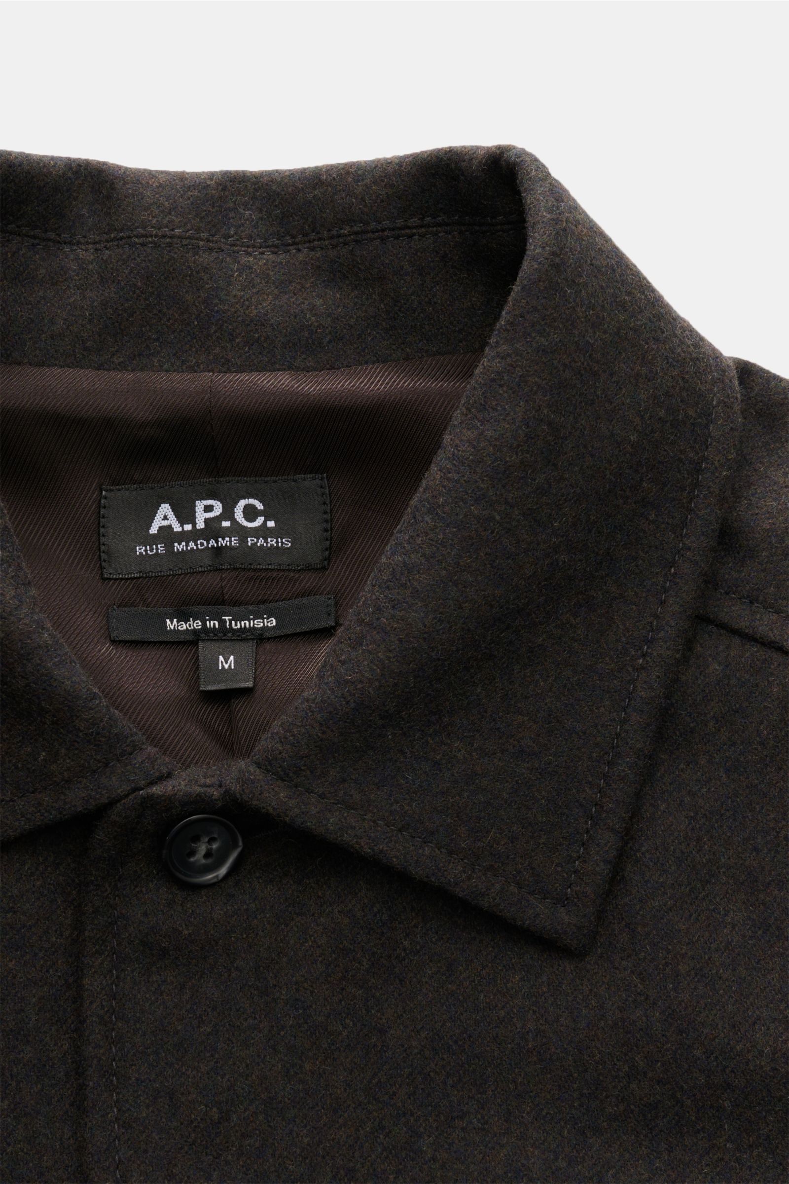 A.P.C. Overshirt 'Jamie' graubraun meliert aus Wolle und Microfaser, weicher Griff, Regular Fit, Sechs-Knopf-Leiste, Umlegekragen, Detailaufnahme von oben.