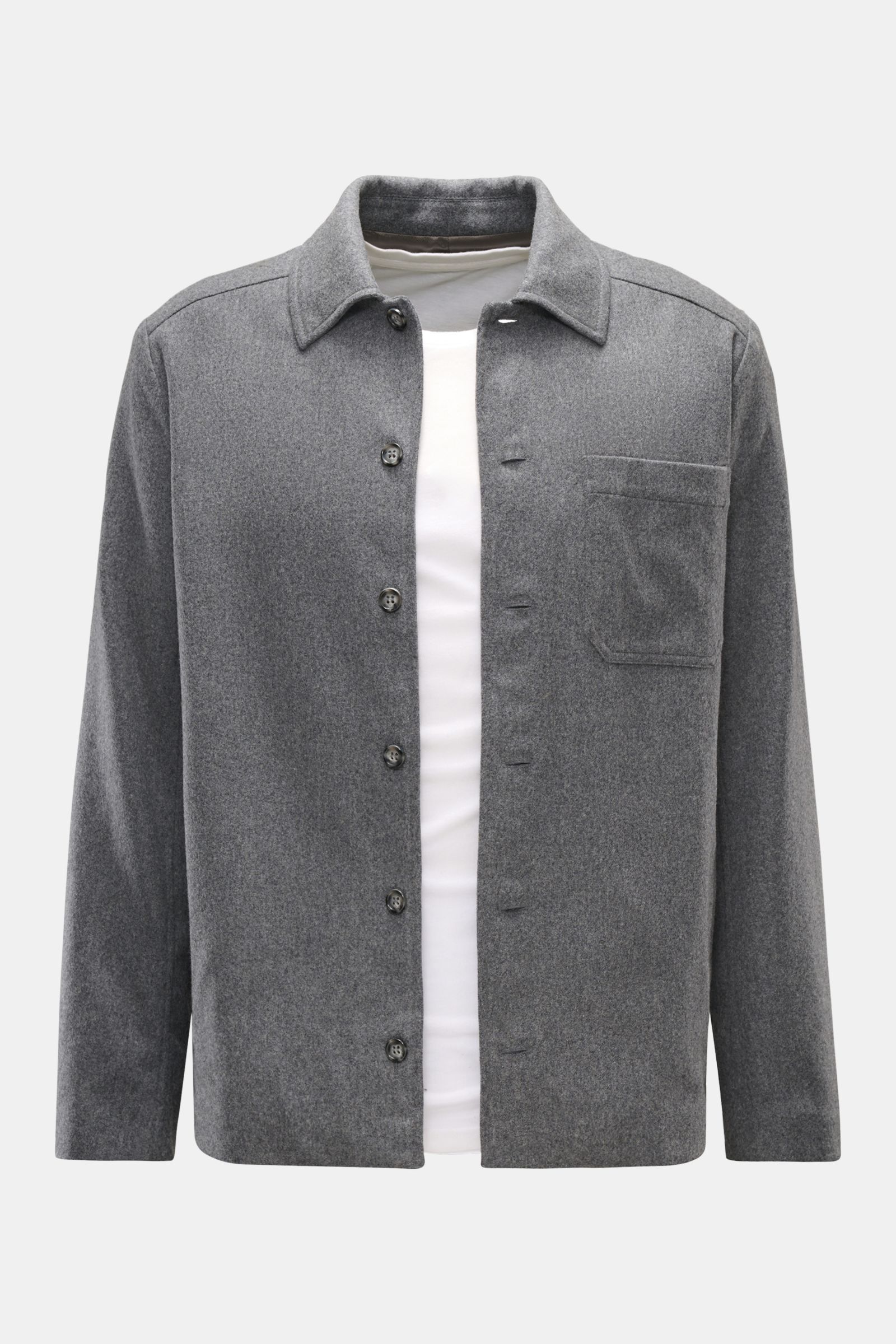 A.P.C. Overshirt 'Jamie' grau meliert, frontal fotografiert, Regular Fit mit Umlegekragen, Sechs-Knopf-Leiste, Brusttasche, aus Wolle und Microfaser, weich und minimalistisch.