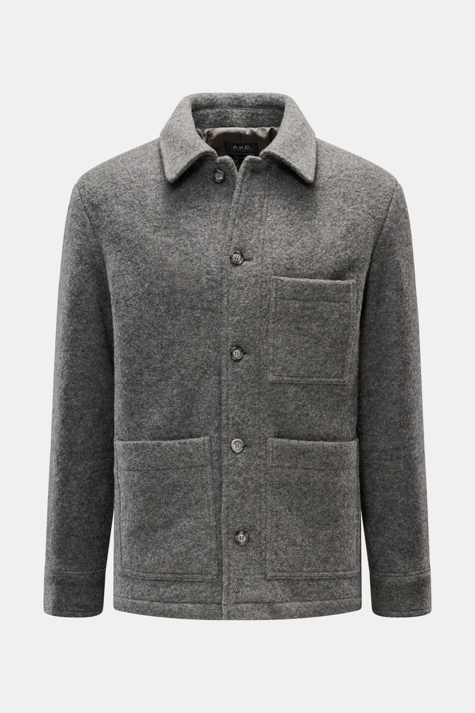 A.P.C. Bouclé-Overshirt 'Emile' dunkelgrau, frontal fotografiert, aus reiner Wolle, leicht wattiert, Slim Fit, mit Umlegekragen, fünf Knöpfen, Brust- und Hüfttaschen, Ärmel mit Knopf, tonalem Futter.