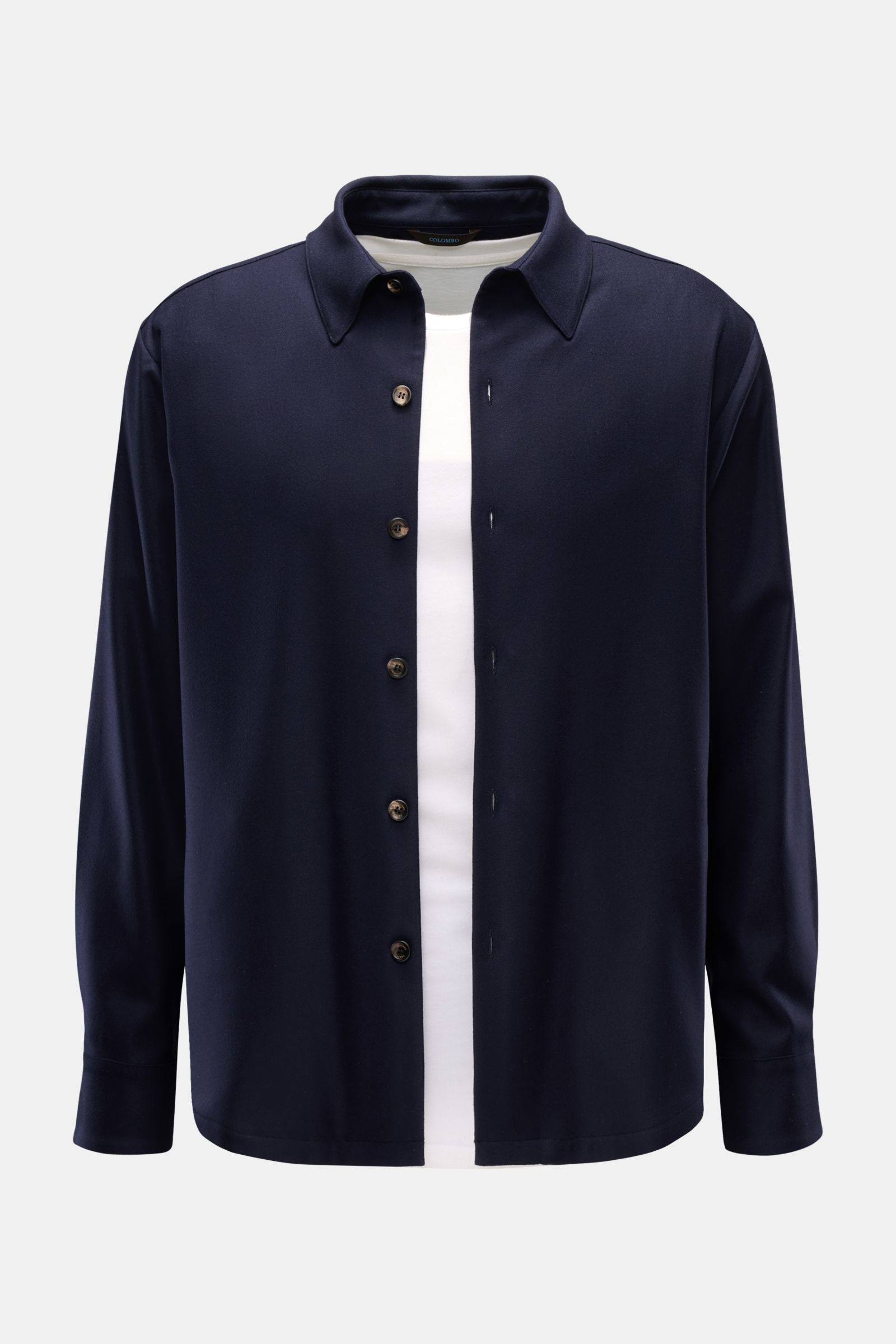 Front view of Colombo Overshirt navy in finest wool with microfibre, slightly elasticated fabric, slim fit, six-button placket, turn-down collar, concealed side pockets, classic barrel cuffs, unlined, two inside pockets, very soft feel.