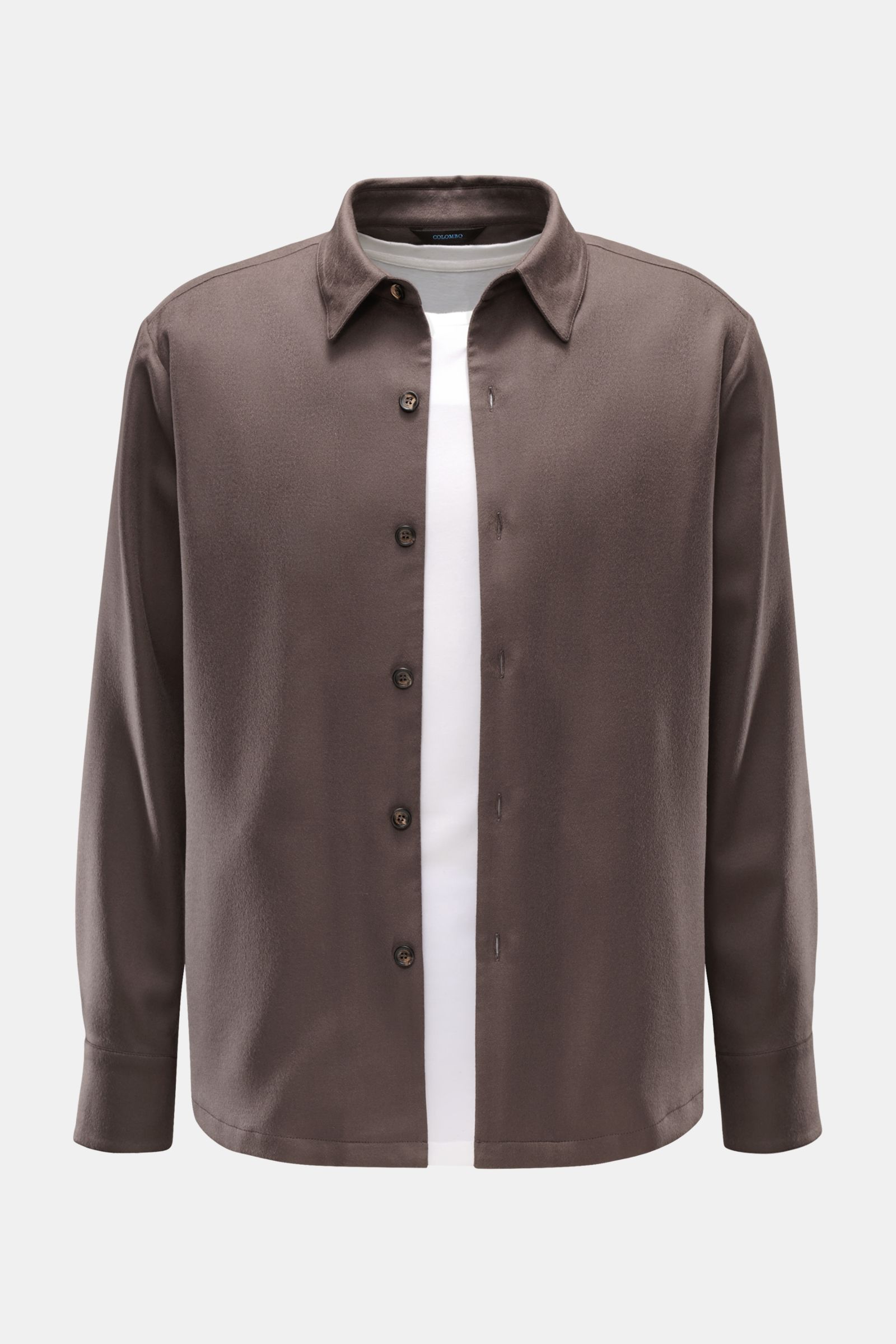 Colombo Cashmere Overshirt graubraun, Slim Fit, reiner Cashmere, sehr weicher Griff, Umlegekragen, Sechs-Knopf-Leiste, versteckte Seitentaschen, Sportmanschette, ungefüttert, zwei Innentaschen, Frontalansicht.