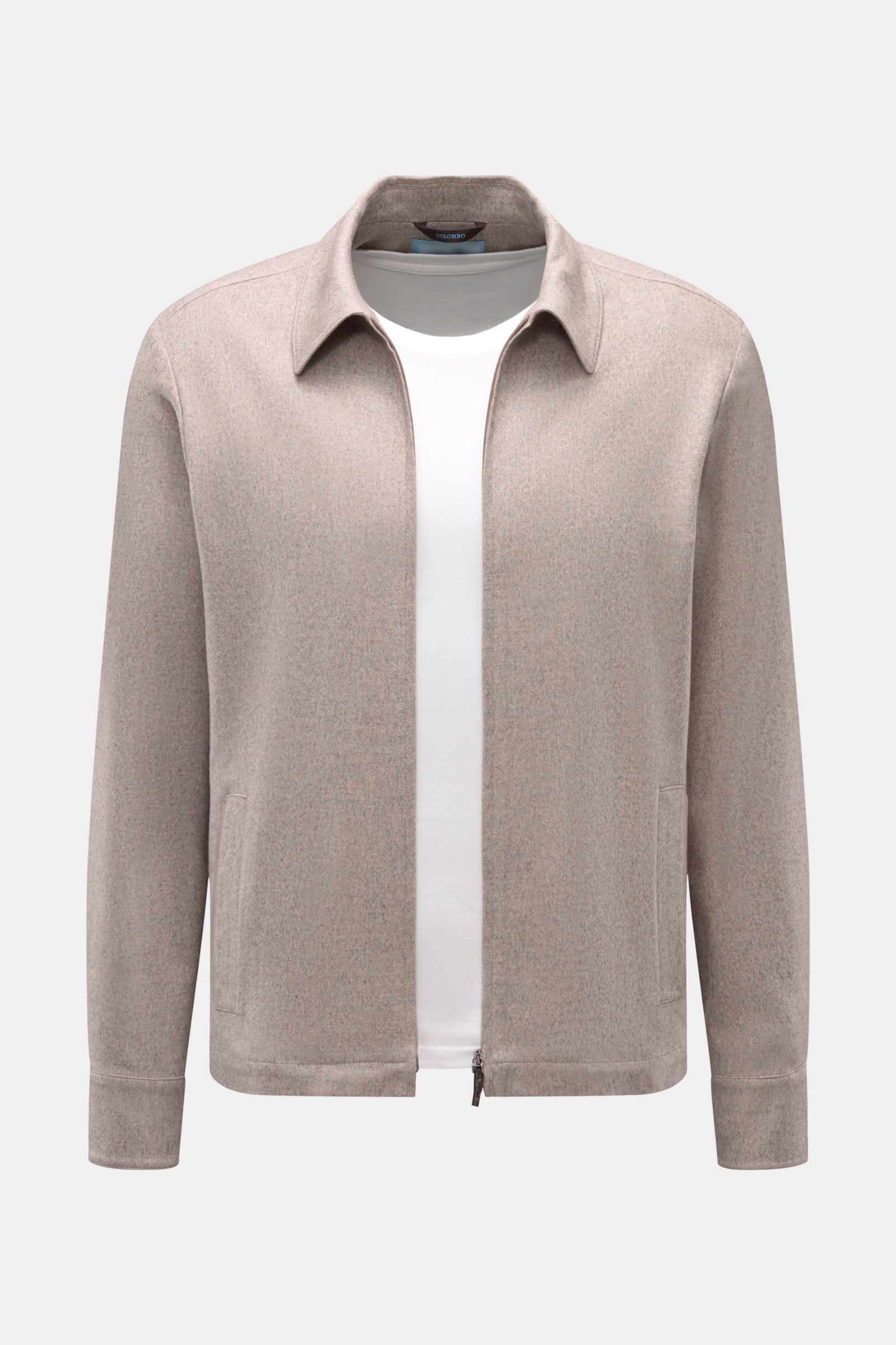 Colombo Overshirt grau meliert aus Seiden-Cashmere, Slim Fit mit Umlegekragen, Zwei-Wege-Reißverschluss, Leder-Fronttaschen, Knopf-Ärmel, frontal fotografiert.