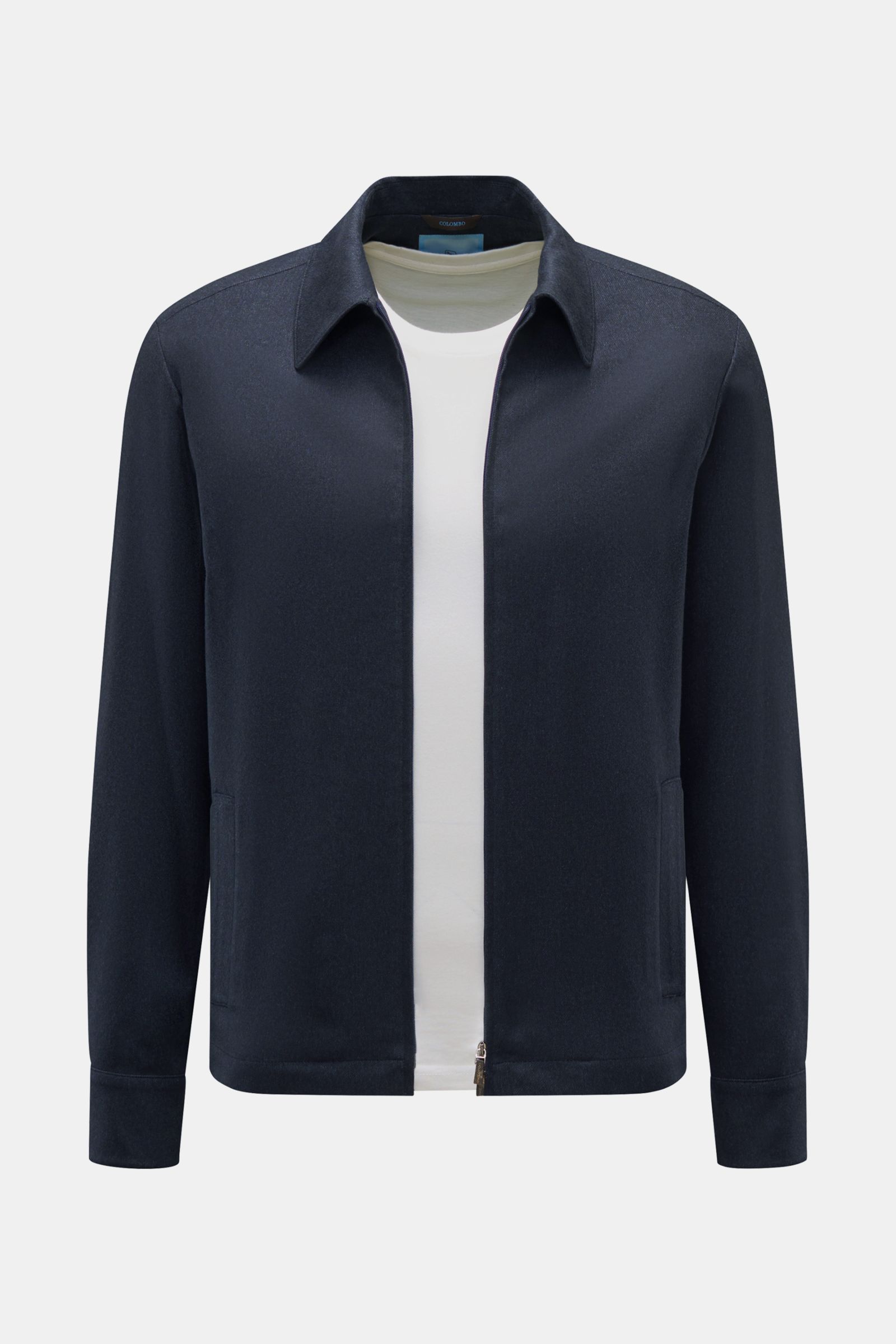 Colombo Overshirt navy meliert, Slim Fit aus Seide-Cashmere, frontale Perspektive, Umlegekragen, Zwei-Wege-Reißverschluss, Leder-Details, Knopfärmel.
