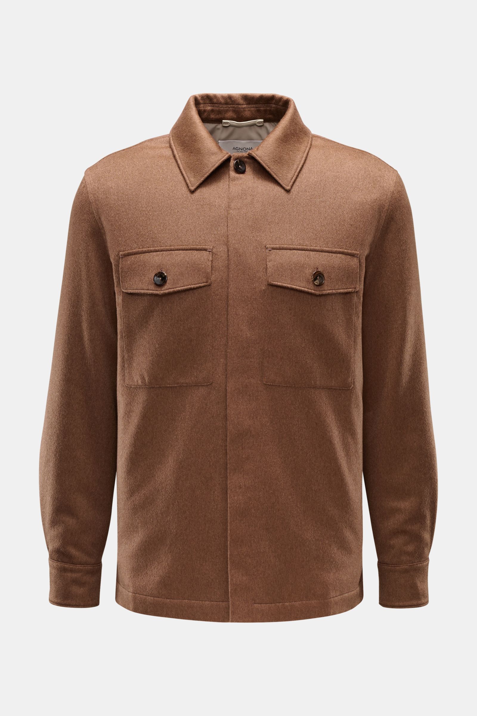 Agnona Cashmere flannel overshirt light brown shown from the front, featuring patch breast pockets with button flap, turn-down collar, concealed snap button closure, side seam pockets, button cuffs, lightweight padding, and smooth lining. Casual luxury in