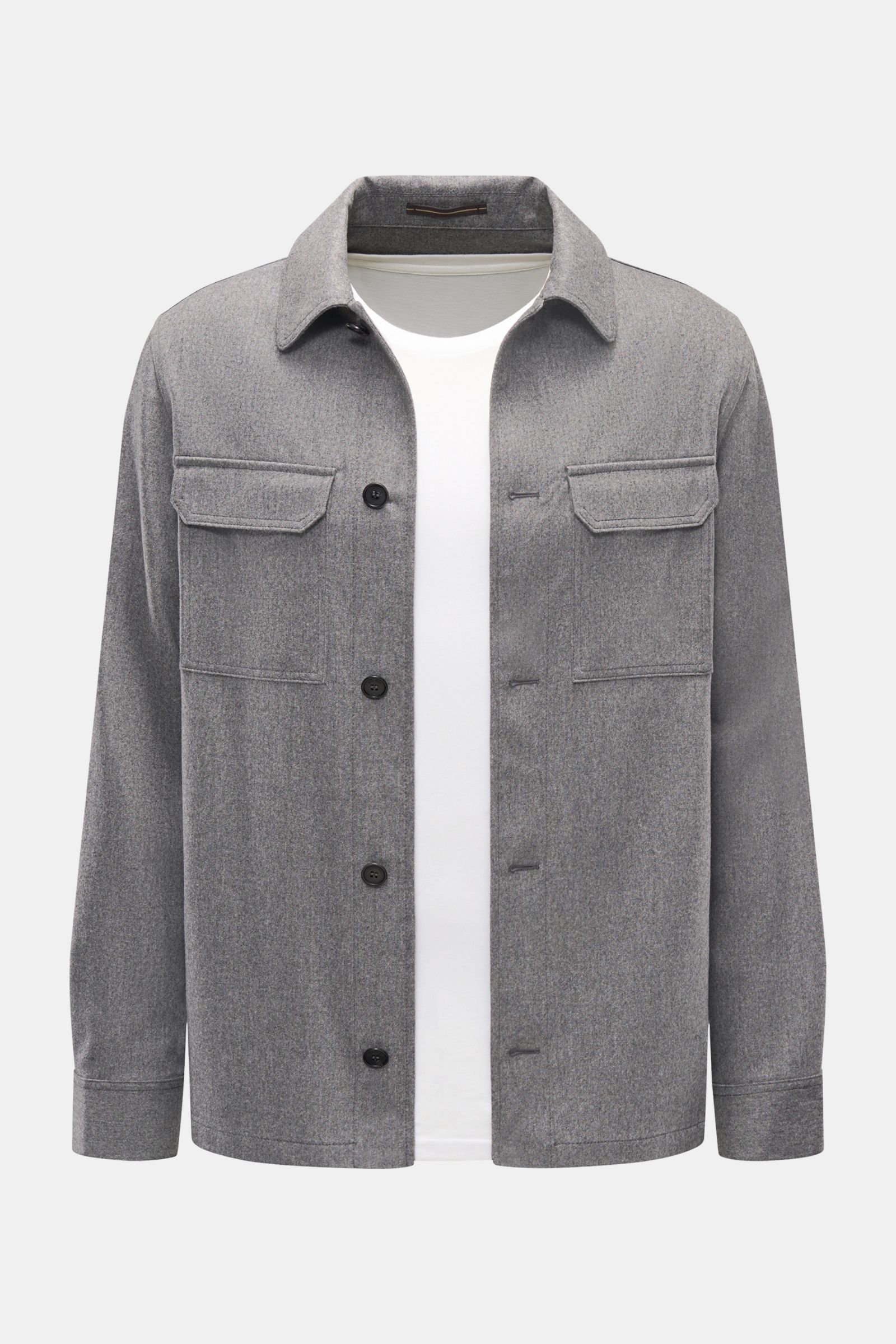 Incotex Overshirt dunkelgrau meliert, frontale Nahaufnahme, Slim Fit, Schurwolle und Cashmere, fünf Knöpfe, Umlegekragen, Brusttaschen mit Patte.