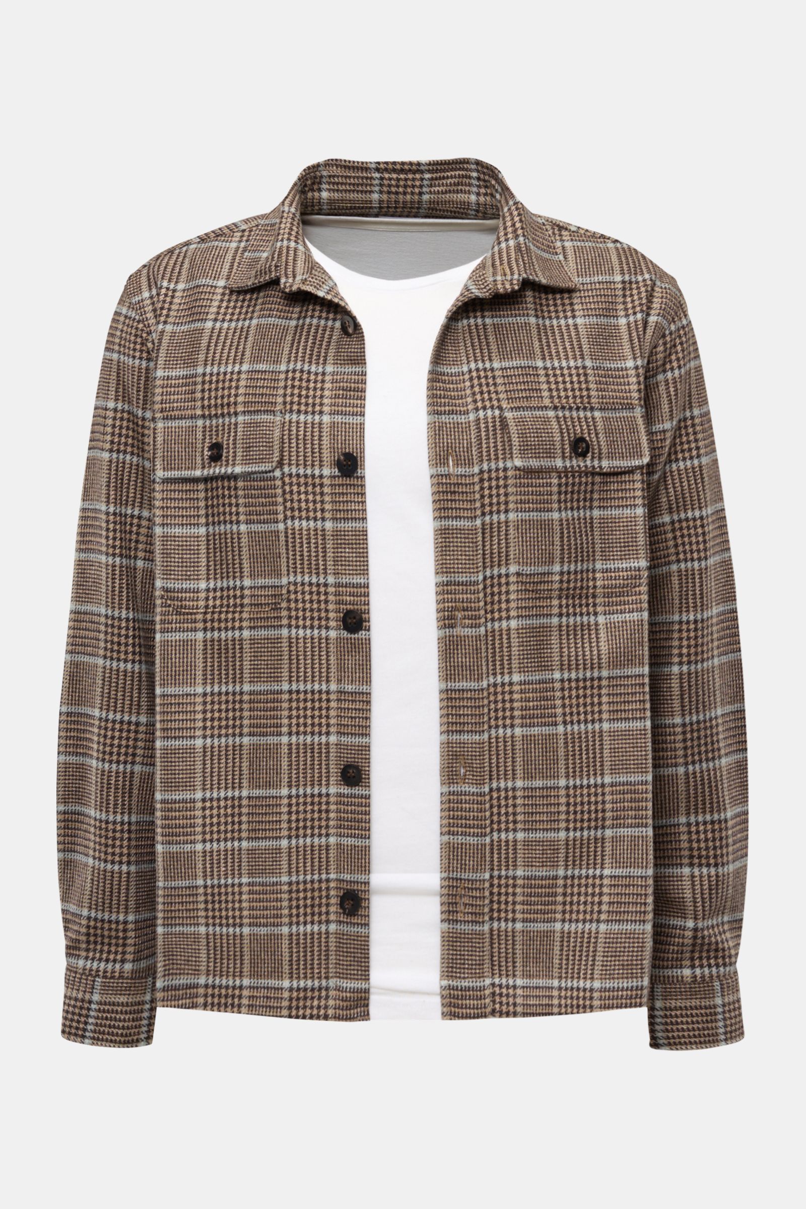 Front view of 04651/ A trip in a bag Overshirt schwarz/rauchblau/hellbraun kariert, a slim fit, lightweight wool-mix shirt with classic Glencheck pattern, soft touch, turn-down collar, button placket, buttoned chest pockets, sport cuffs, small logo label,