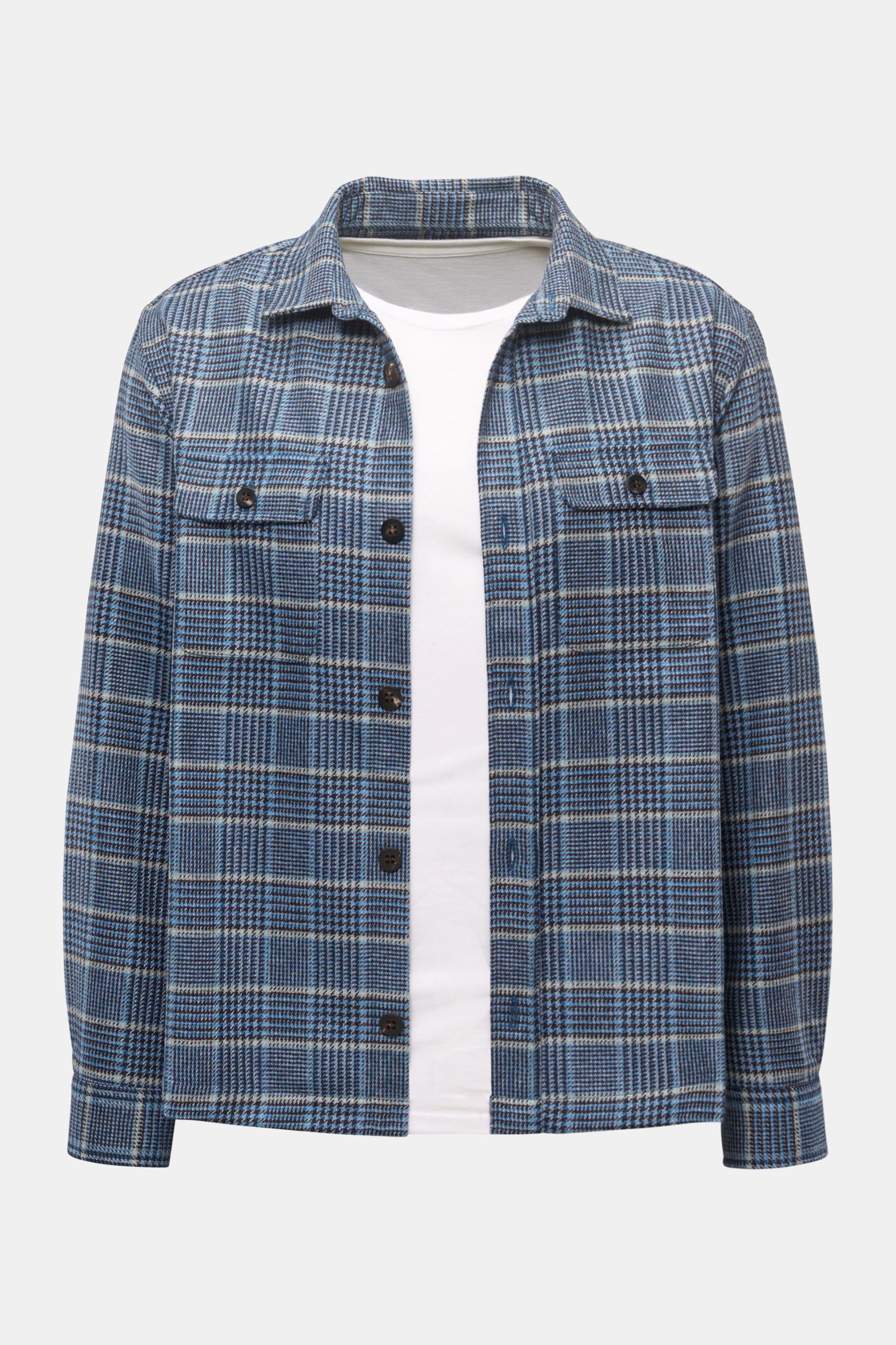 04651/ A trip in a bag Overshirt schwarz/blau/hellgrau kariert, Slim Fit, Glencheck, Woll-Mix, frontale Ansicht mit Umlegekragen, Knopfleiste und Brusttaschen.