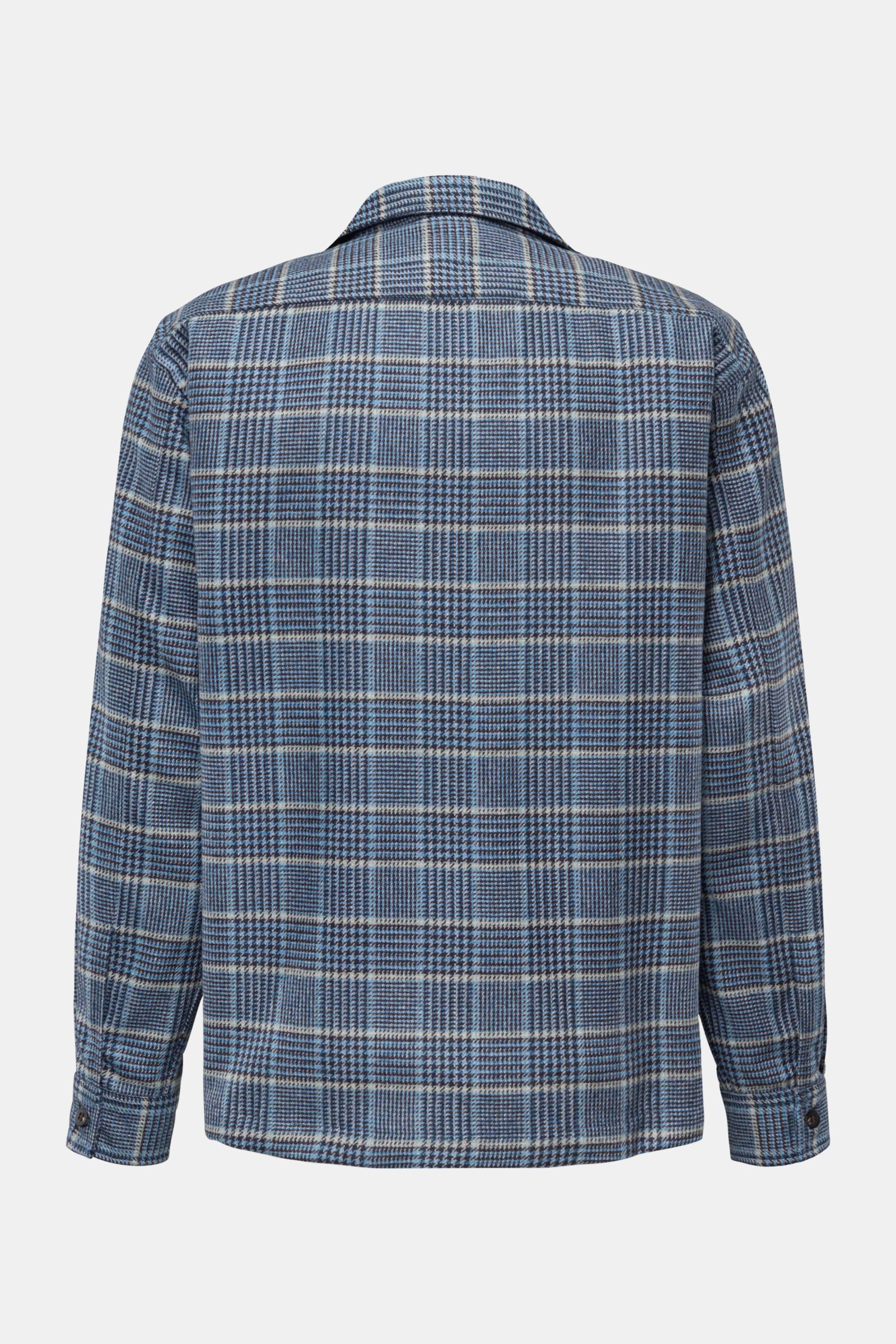 04651/ A trip in a bag Overshirt schwarz/blau/hellgrau kariert, Rückansicht, Glencheck, Woll-Mix, Slim Fit, Umlegekragen, Manschetten, Saumschlitze.