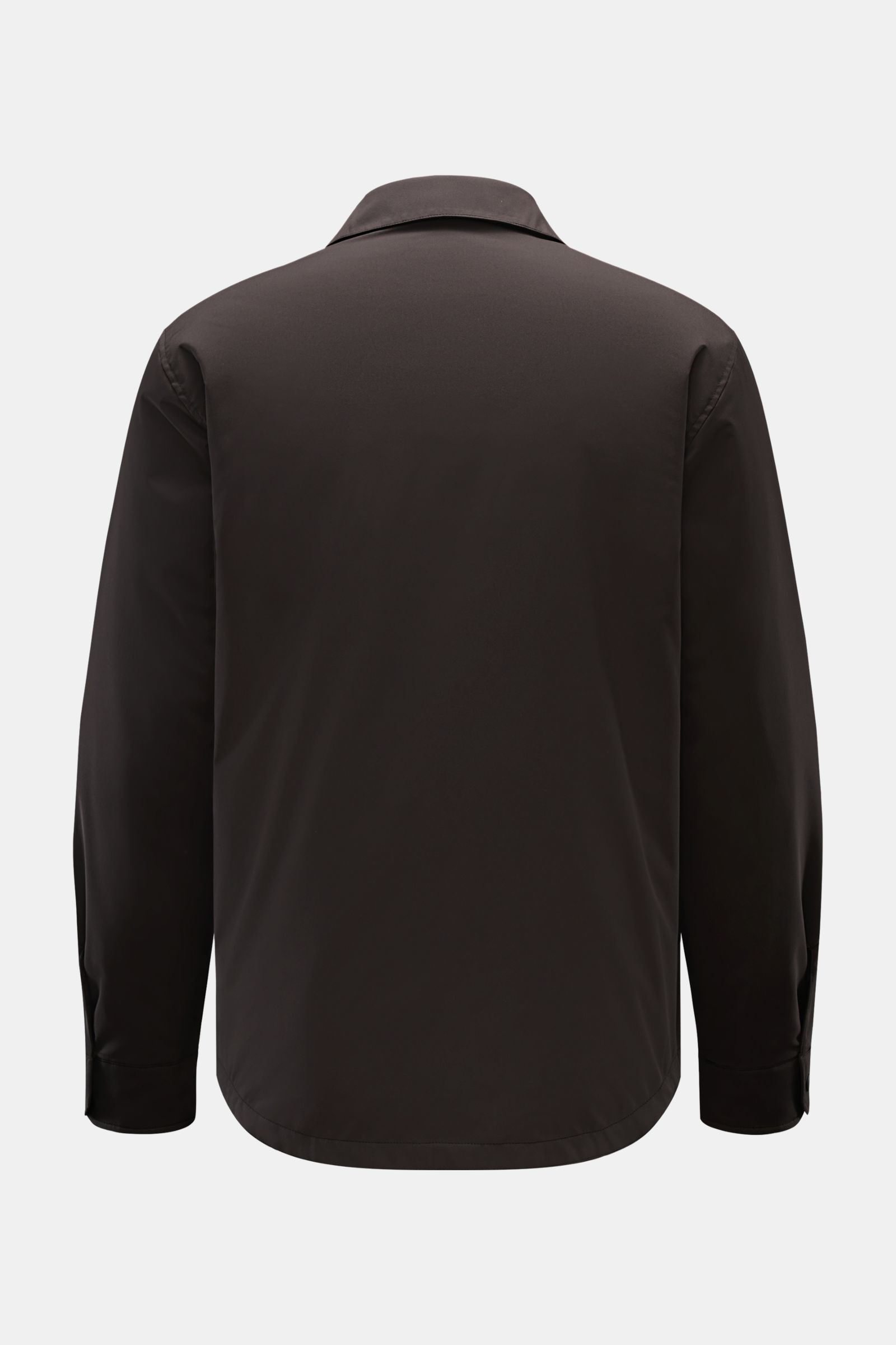 Rückansicht des dunkelbraunen 04651/ A trip in a bag Overshirt 'Travel', superleicht, wind- und wasserabweisend mit Wattierung.